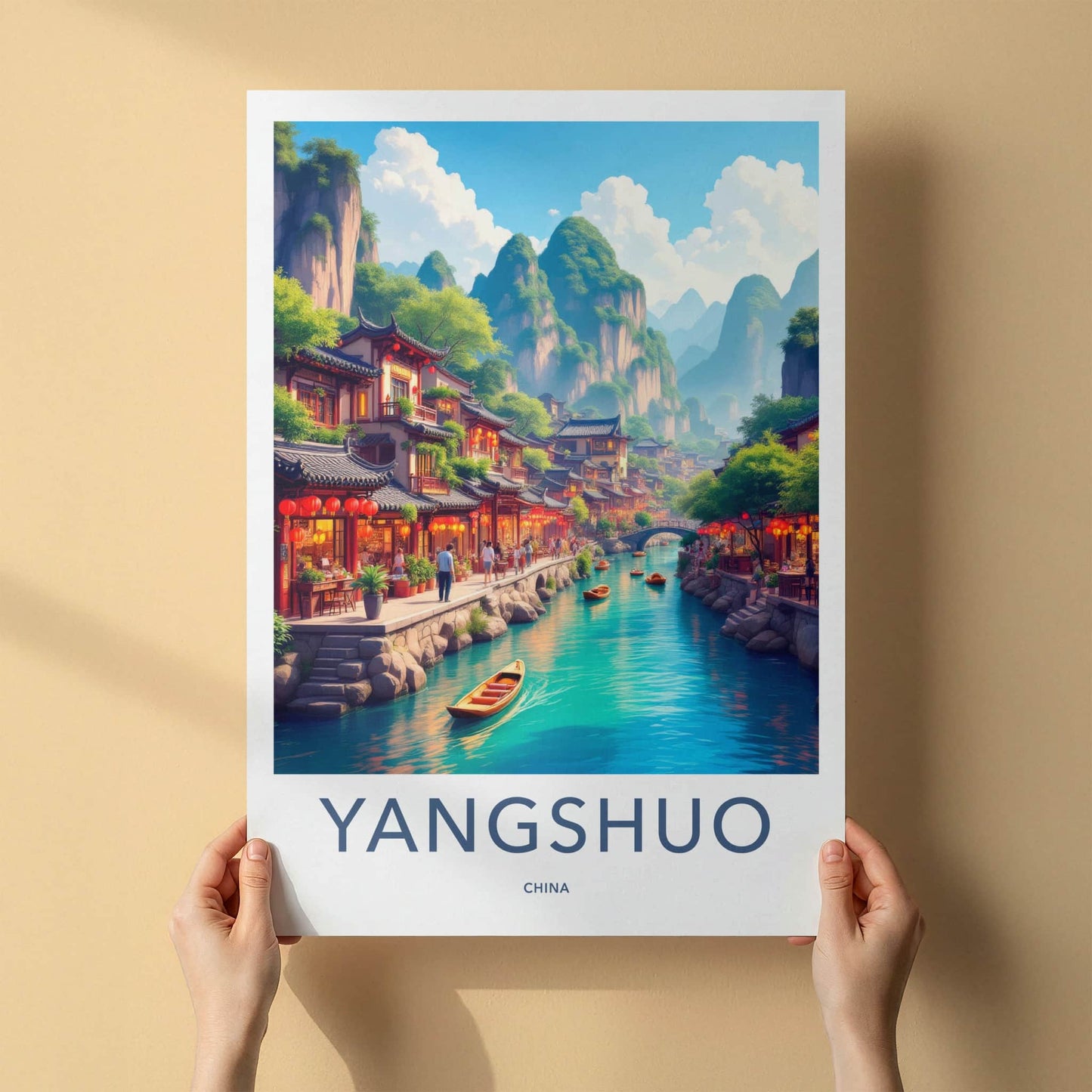Yangshuo Poster - China Travel Art - River Village Mountains Home Decor