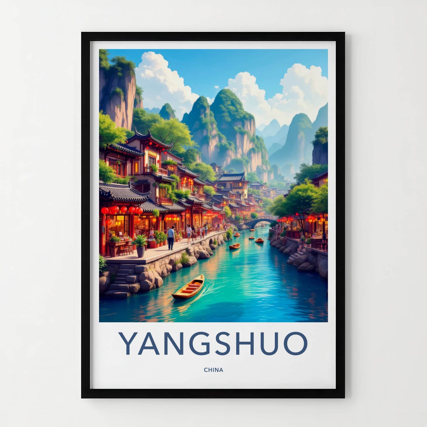 Yangshuo Poster - China Travel Art - River Village Mountains Home Decor