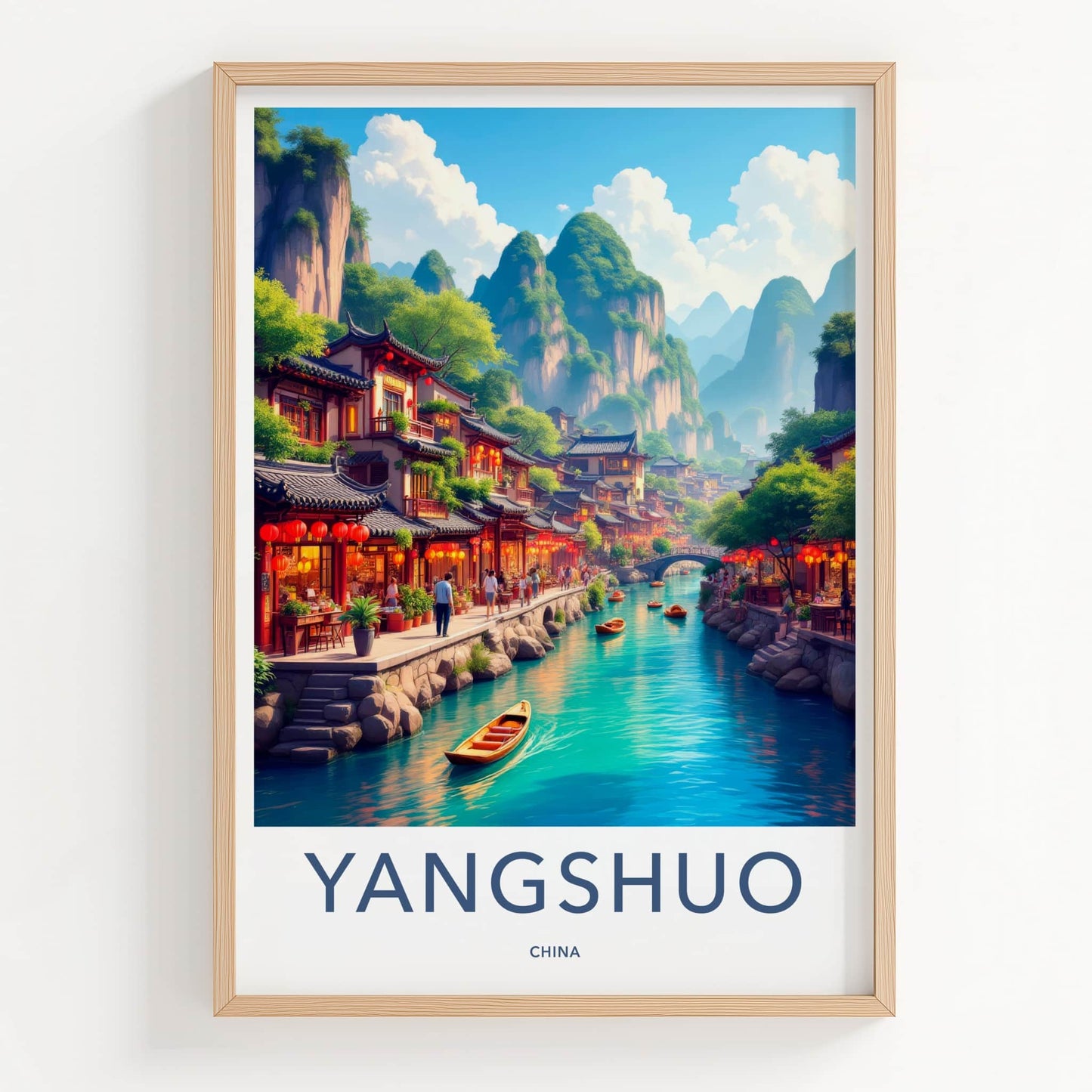 Yangshuo Poster - China Travel Art - River Village Mountains Home Decor