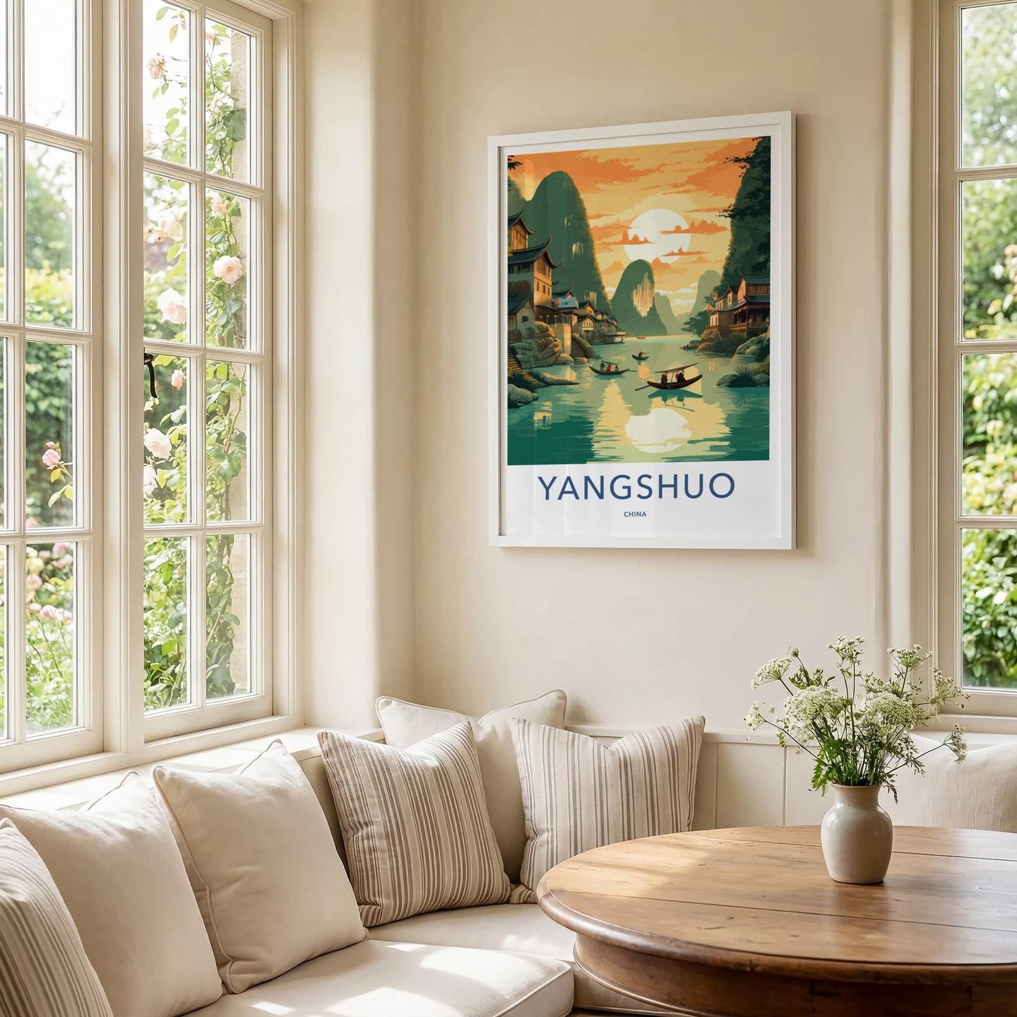 Yangshuo Poster - China Travel Art - Sunset River Boats Home Decor