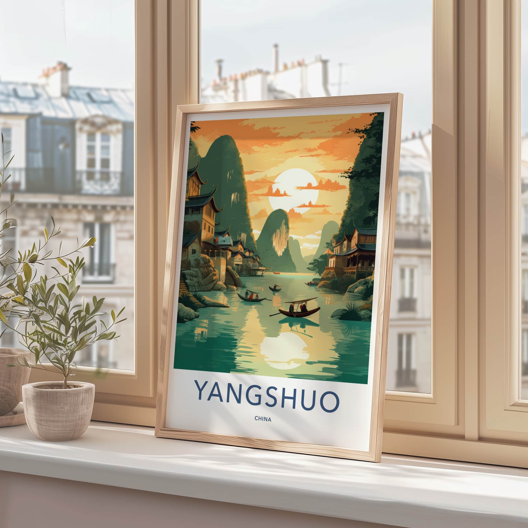 Yangshuo Poster - China Travel Art - Sunset River Boats Home Decor
