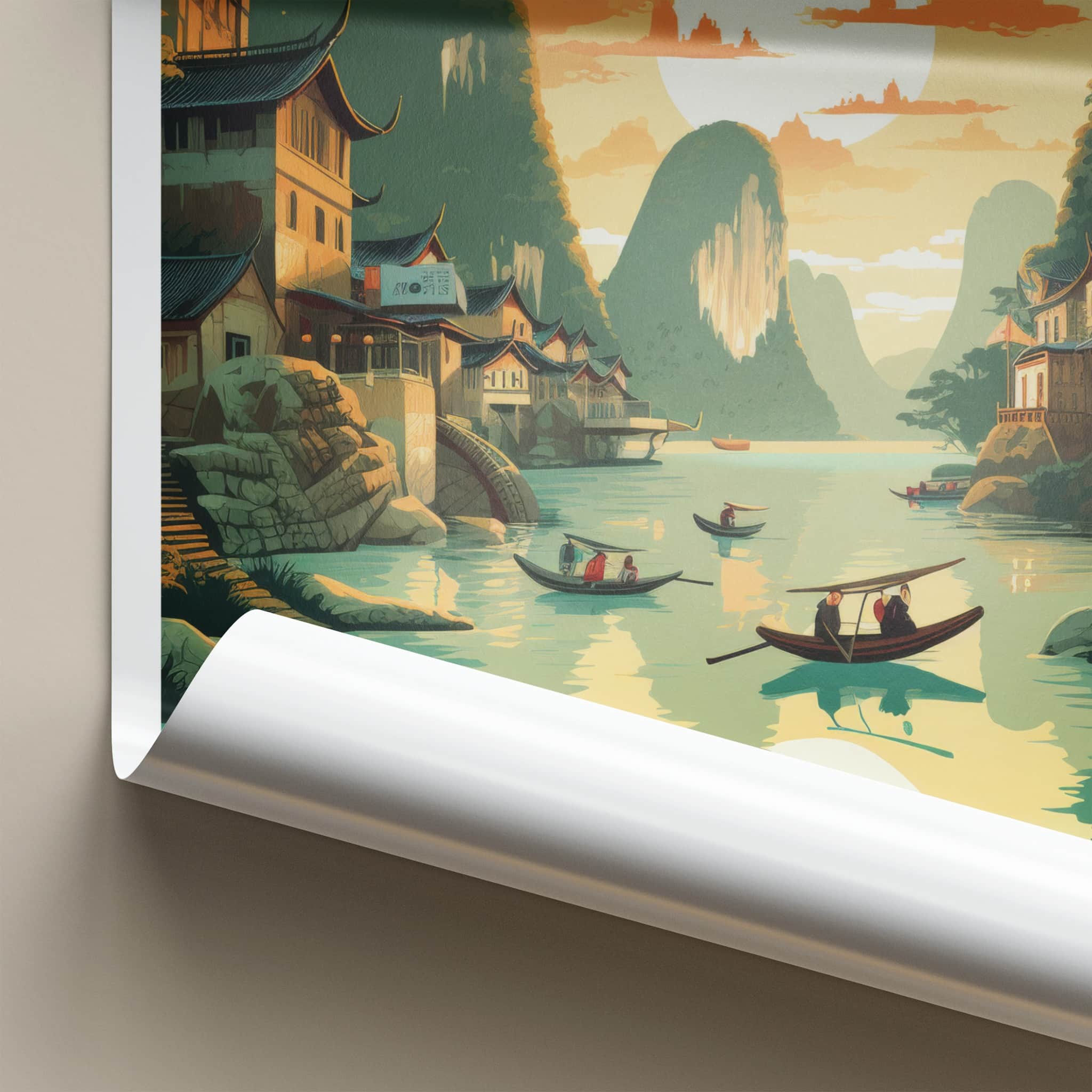 Yangshuo Poster - China Travel Art - Sunset River Boats Home Decor