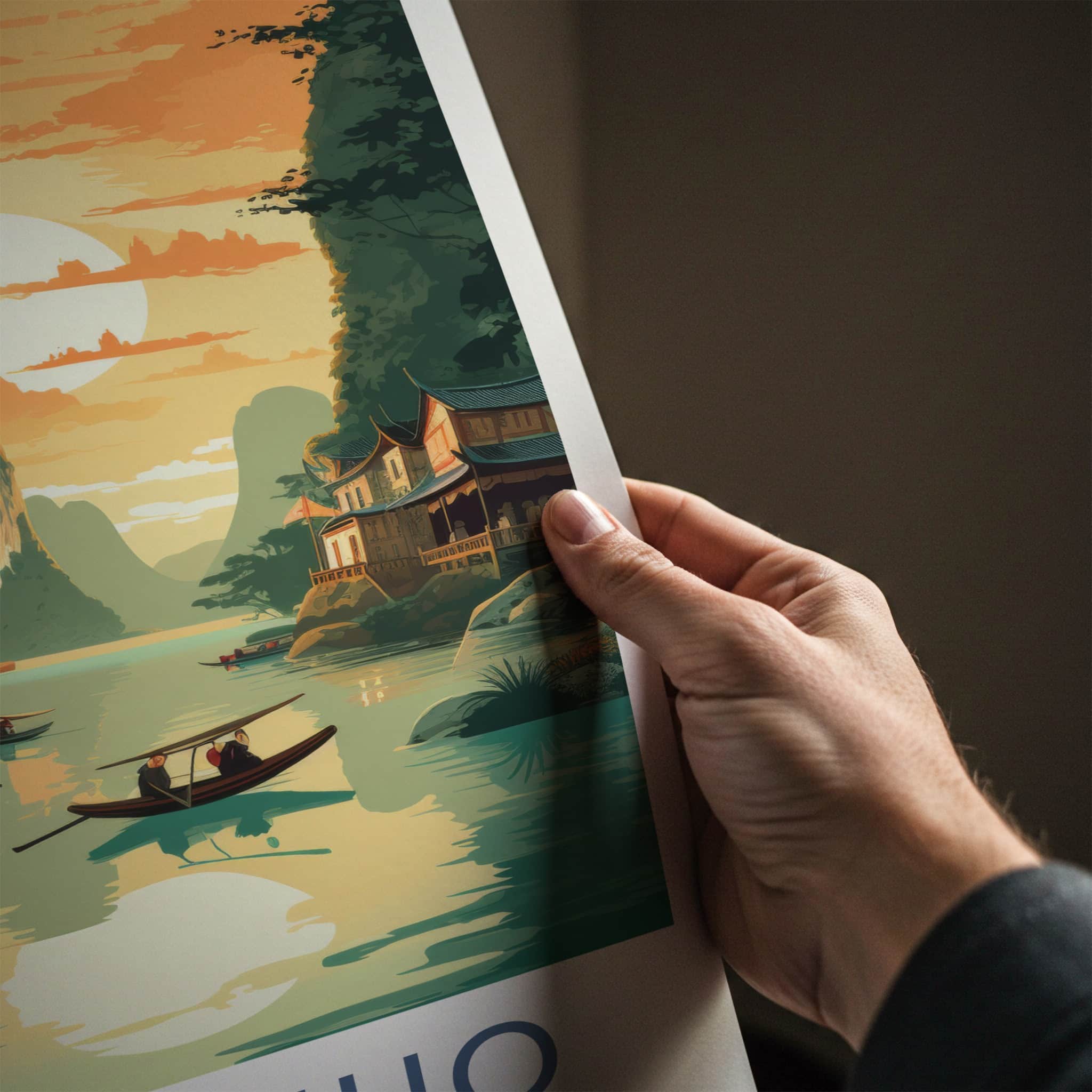 Yangshuo Poster - China Travel Art - Sunset River Boats Home Decor