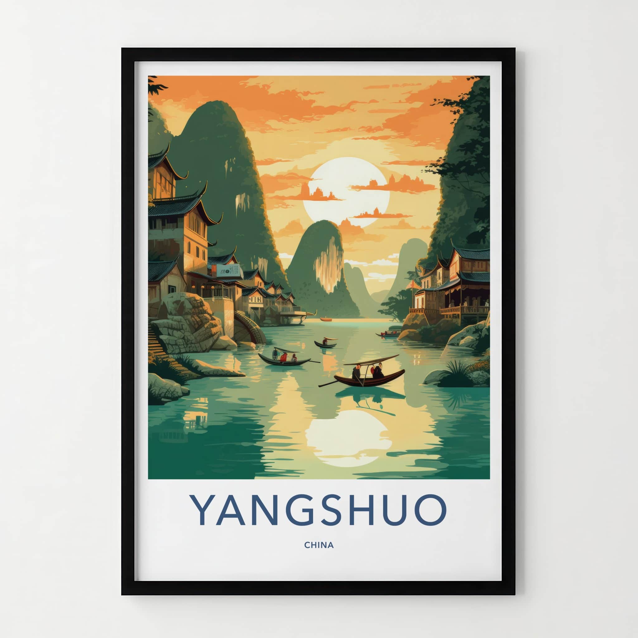 Yangshuo Poster - China Travel Art - Sunset River Boats Home Decor