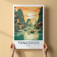 Yangshuo Poster - China Travel Art - Sunset River Boats Home Decor