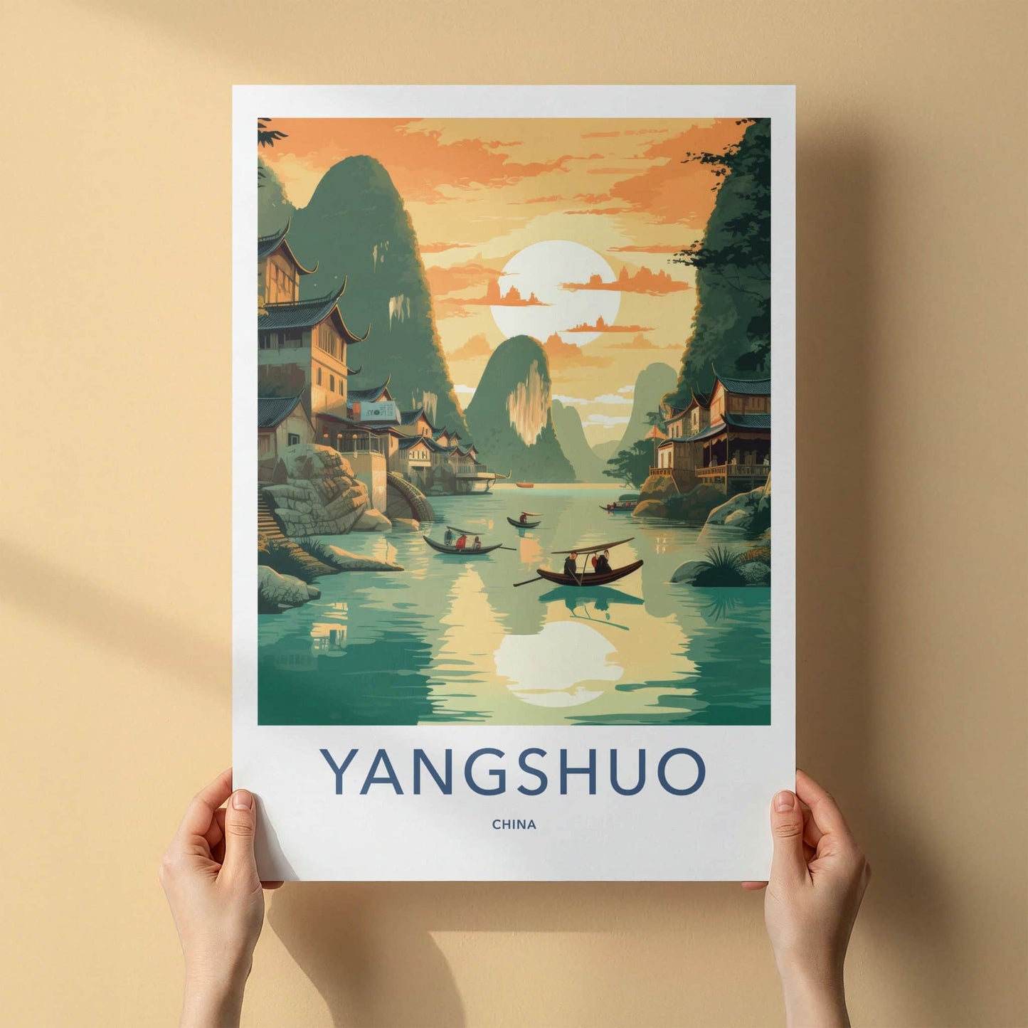 Yangshuo Poster - China Travel Art - Sunset River Boats Home Decor