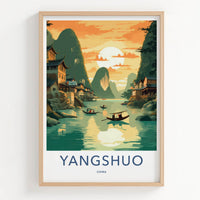 Yangshuo Poster - China Travel Art - Sunset River Boats Home Decor
