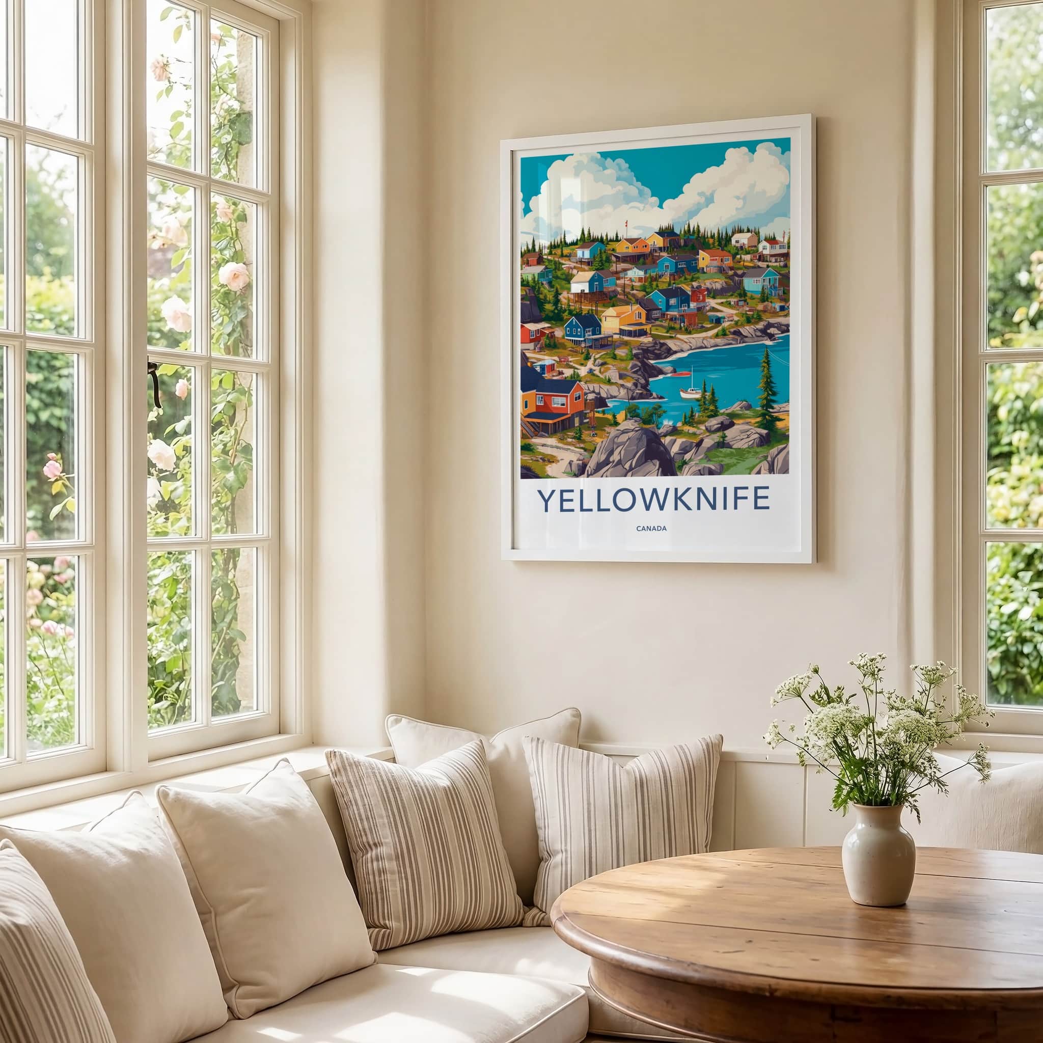 Yellowknife Poster - Canada Travel Art - Colorful Coastal Village Home Decor