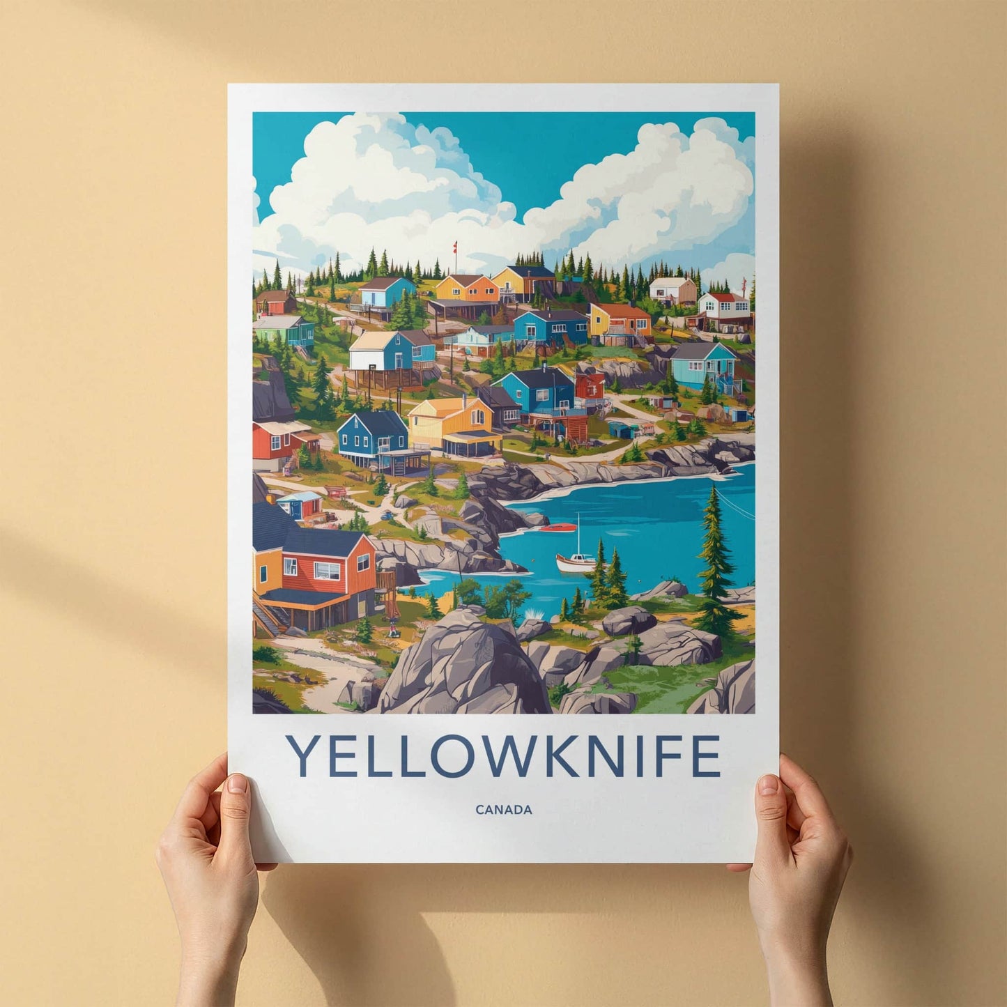 Yellowknife Poster - Canada Travel Art - Colorful Coastal Village Home Decor