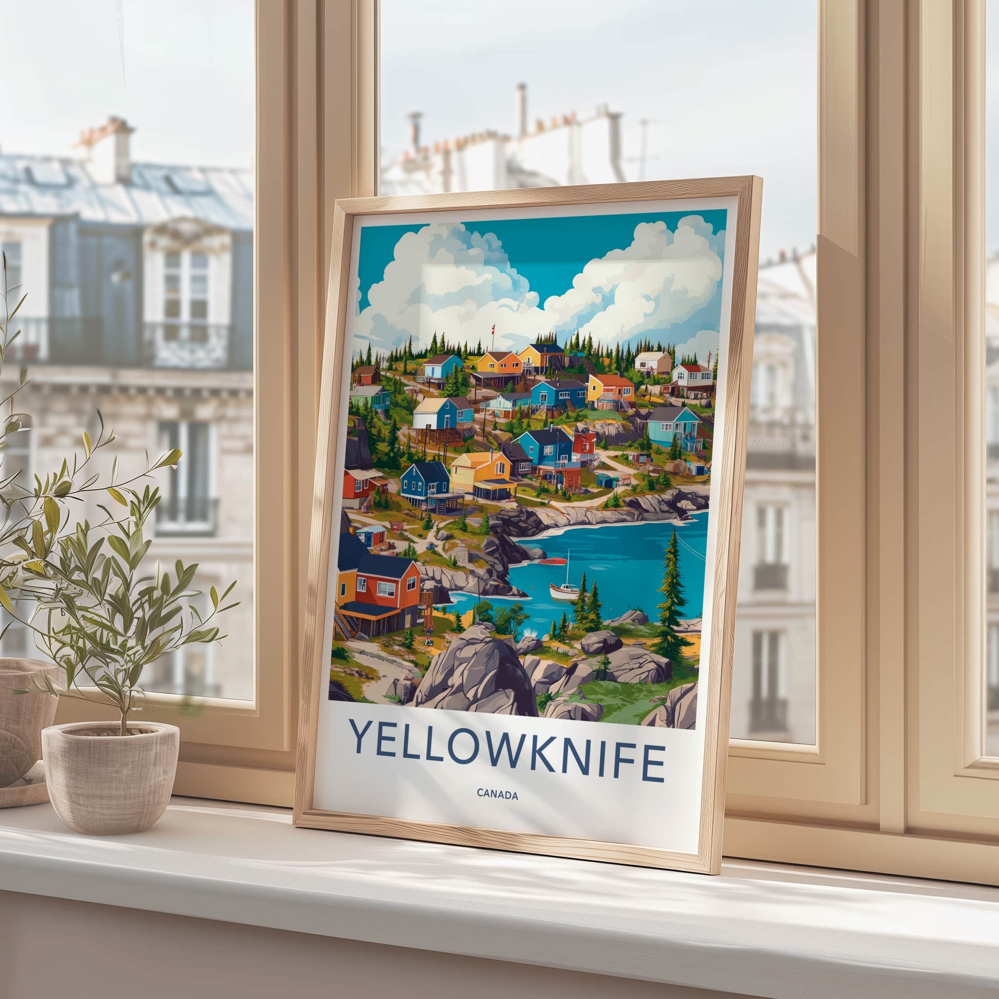 Yellowknife Poster - Canada Travel Art - Colorful Coastal Village Home Decor