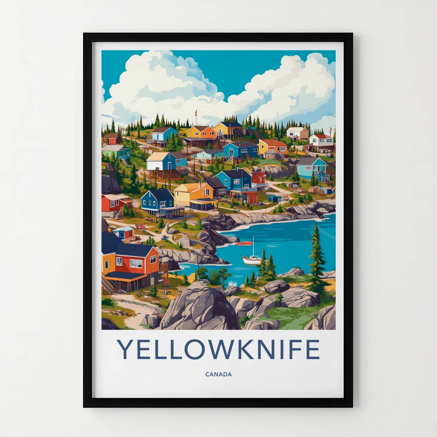 Yellowknife Poster - Canada Travel Art - Colorful Coastal Village Home Decor