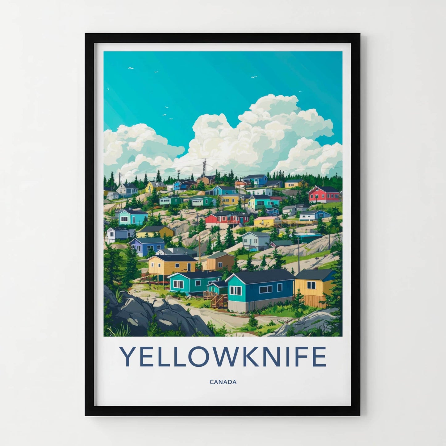 Yellowknife Poster - Canada Travel Art - Colorful Hillside Homes Home Decor