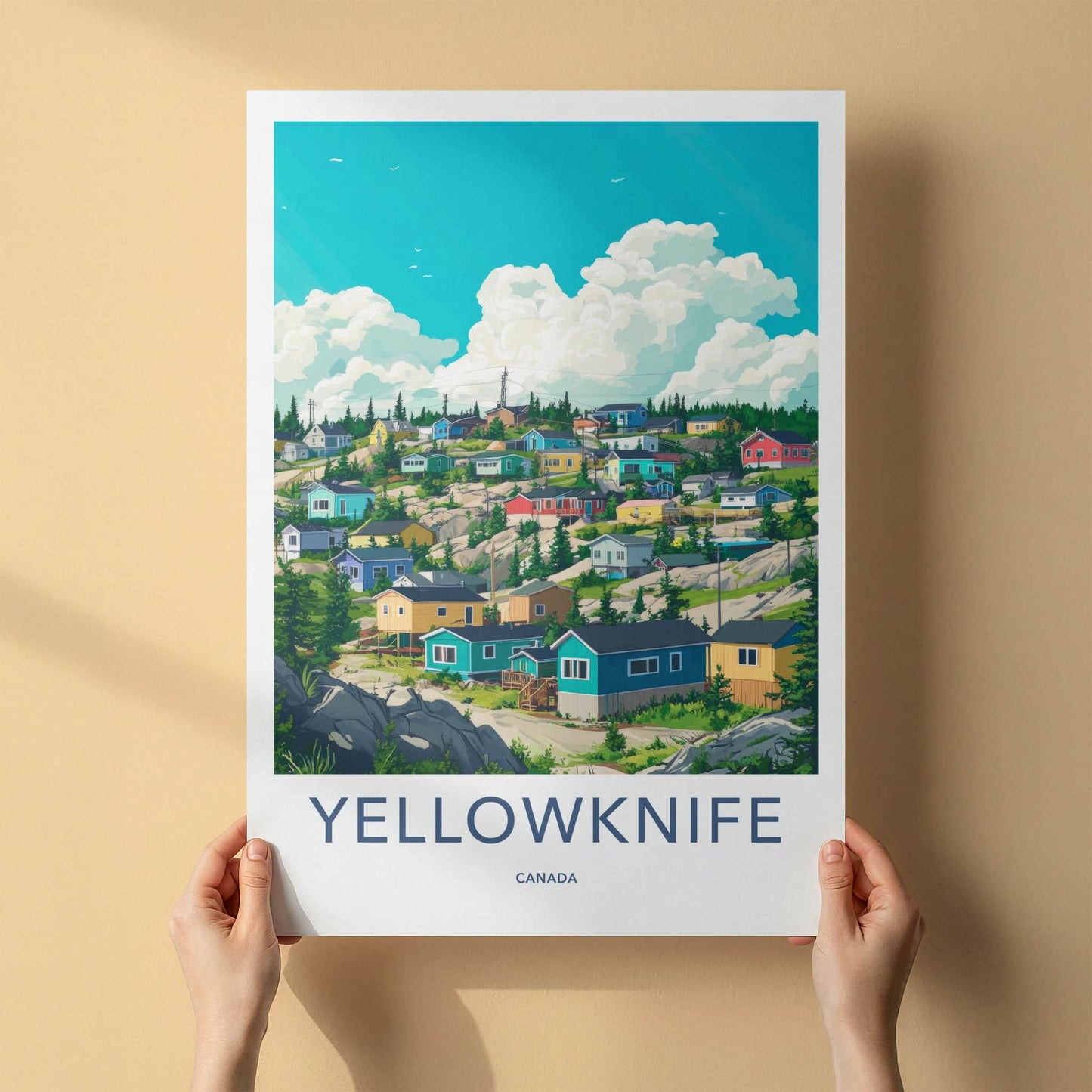Yellowknife Poster - Canada Travel Art - Colorful Hillside Homes Home Decor