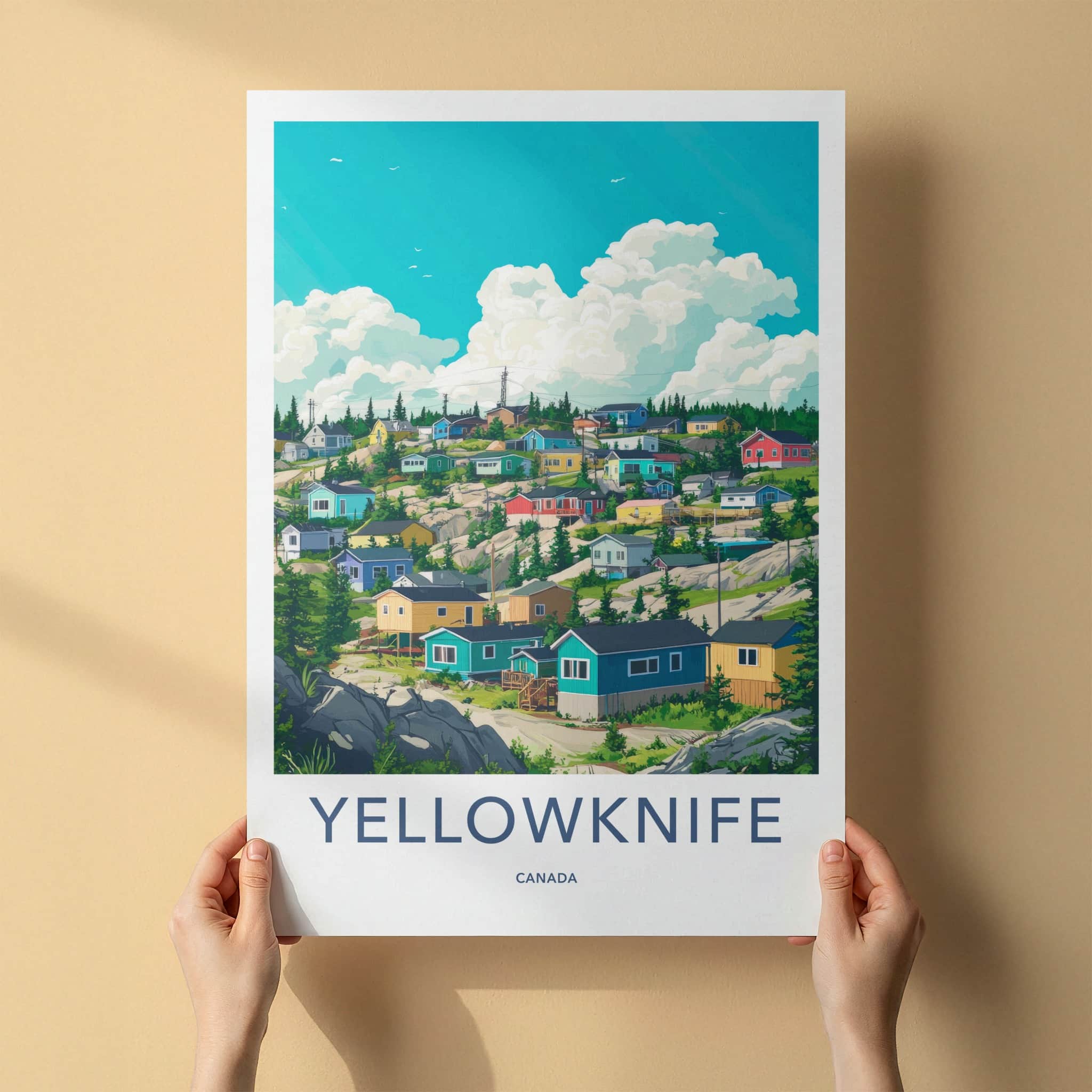 Yellowknife Poster - Canada Travel Art - Colorful Hillside Homes Home Decor