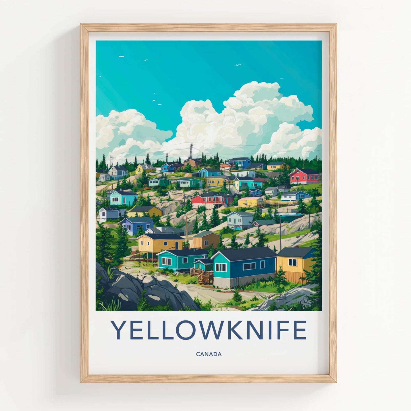 Yellowknife Poster - Canada Travel Art - Colorful Hillside Homes Home Decor
