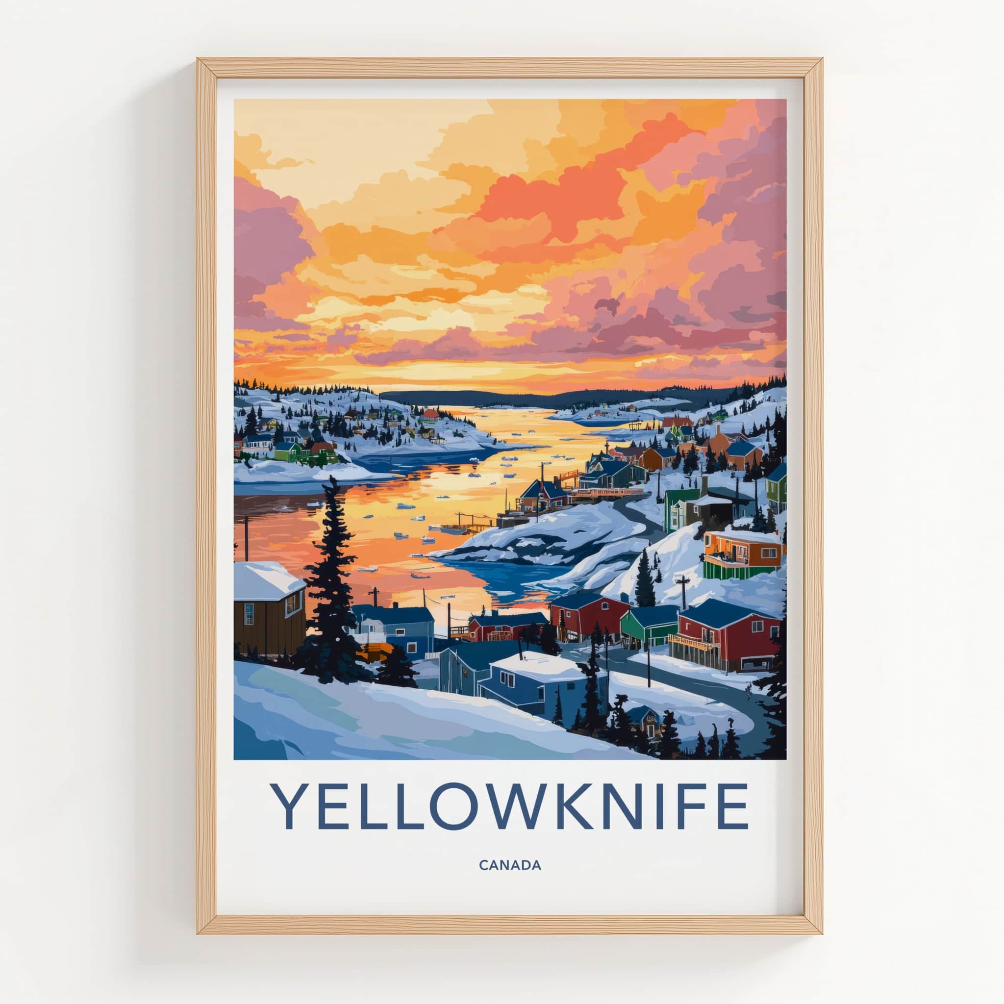 Yellowknife Poster - Canada Travel Art - Colorful Winter Harbor Home Decor