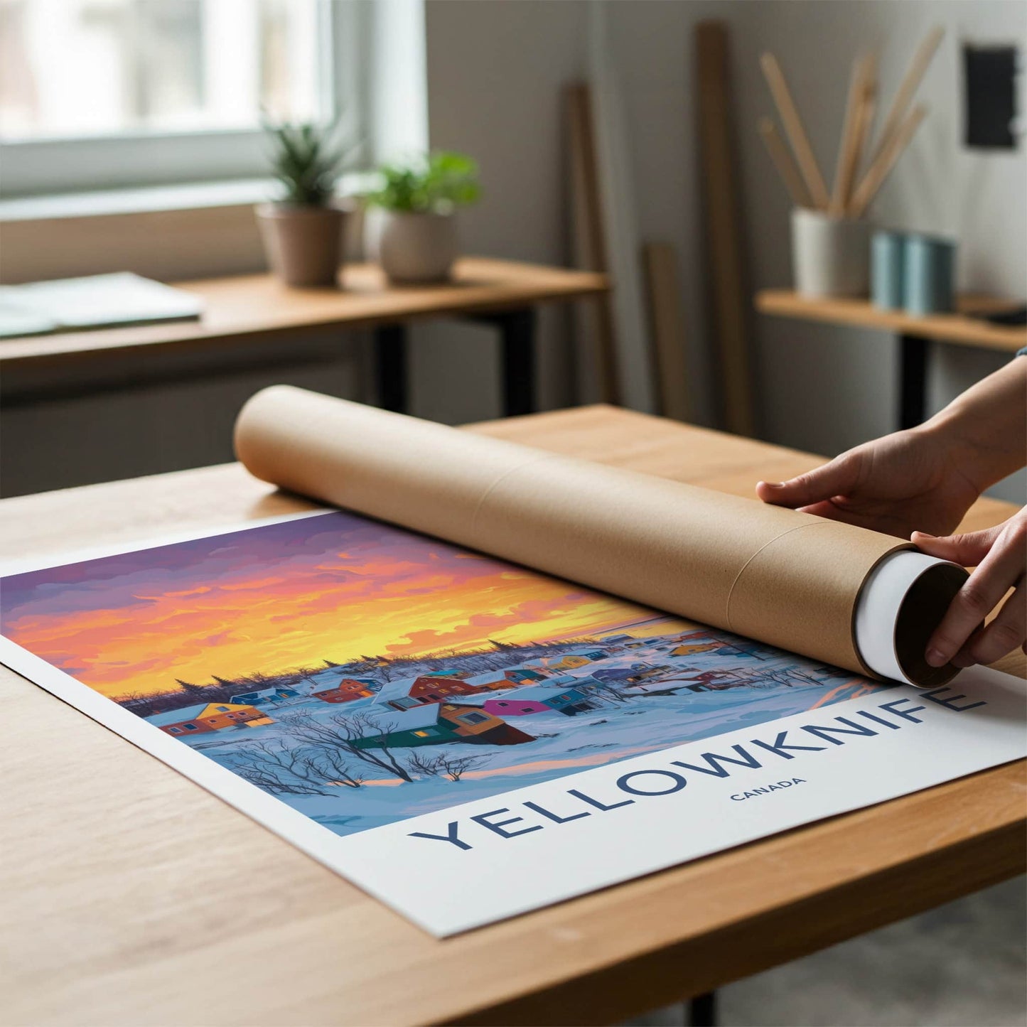 Yellowknife Poster - Canada Travel Art - Snowy Village Sunset Home Decor