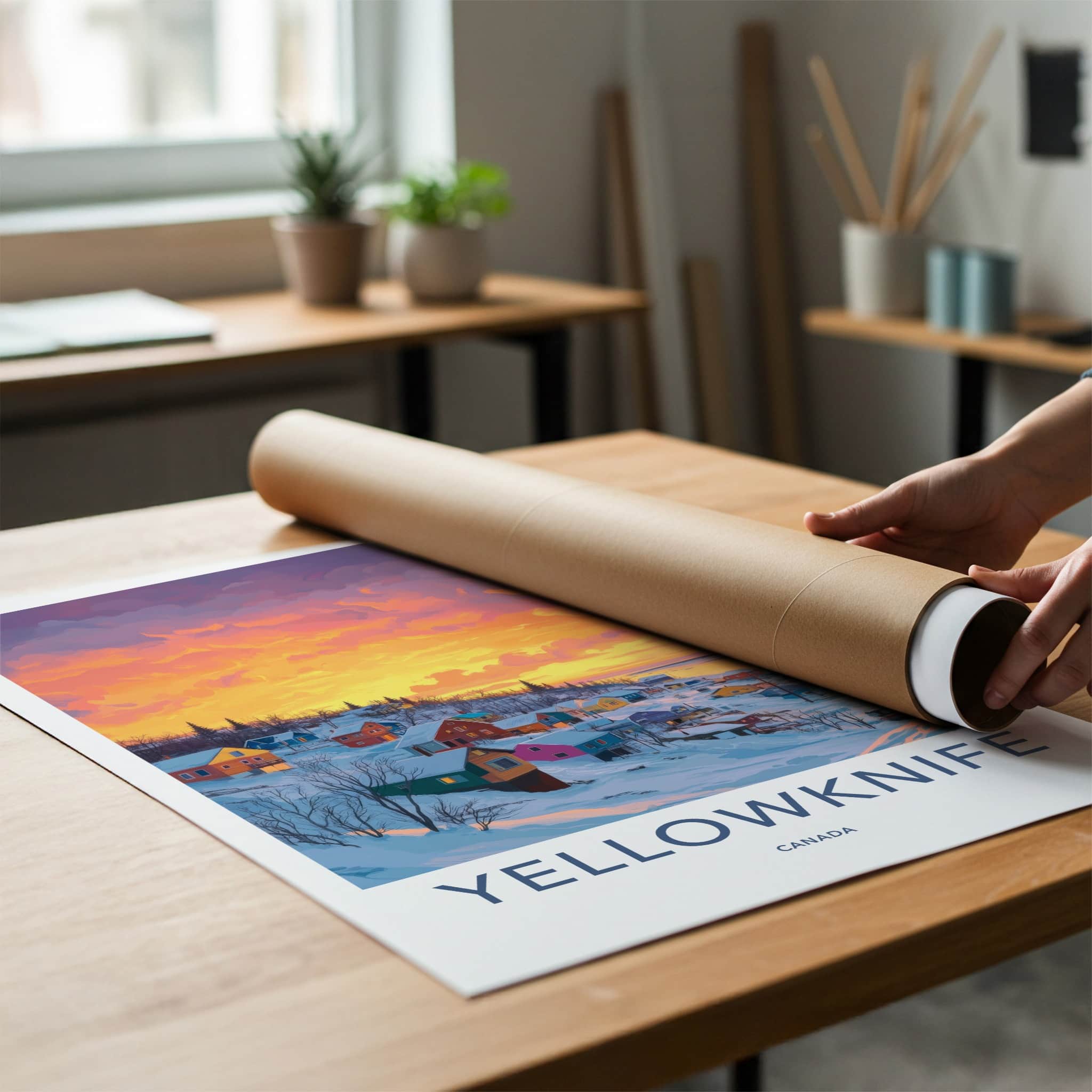 Yellowknife Poster - Canada Travel Art - Snowy Village Sunset Home Decor