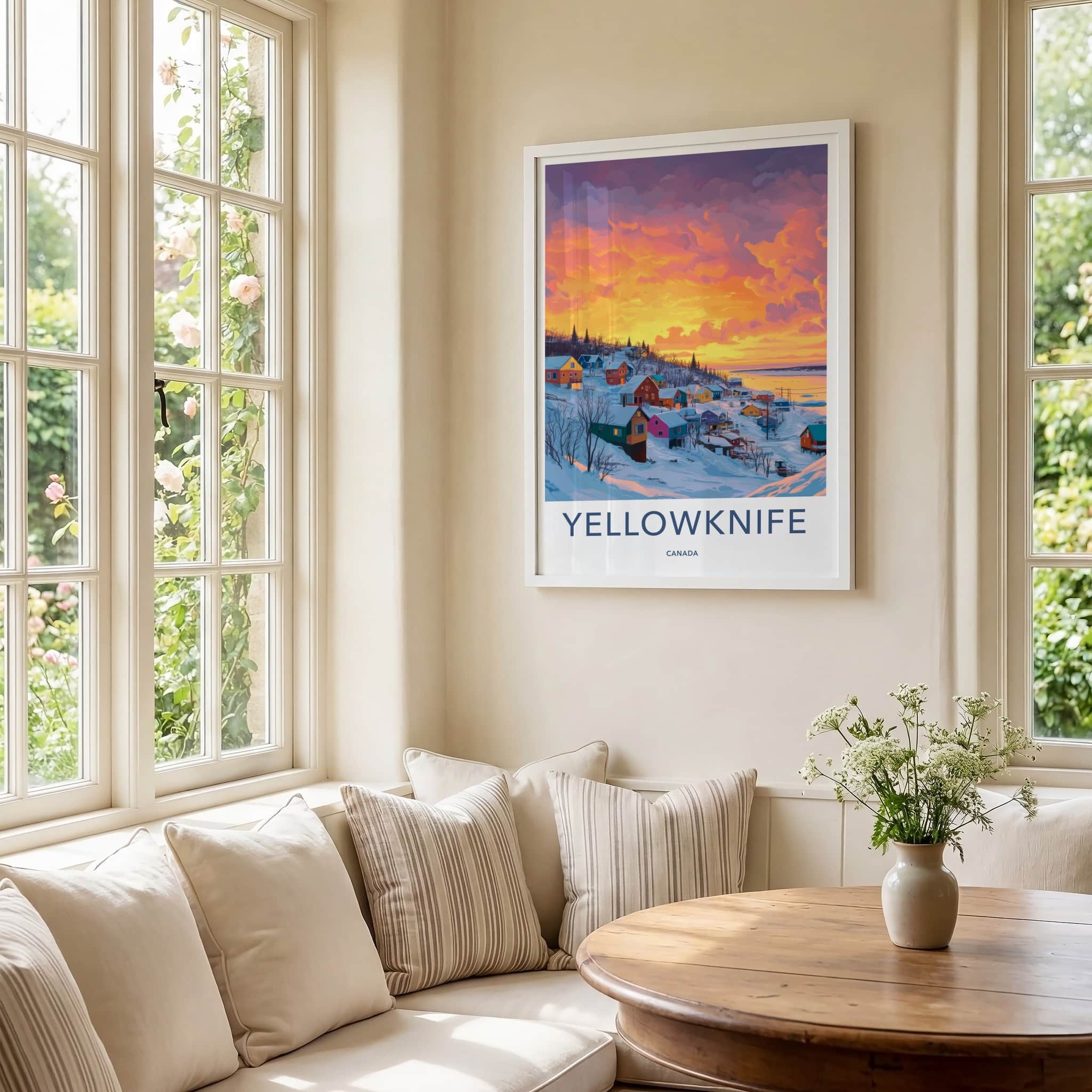 Yellowknife Poster - Canada Travel Art - Snowy Village Sunset Home Decor
