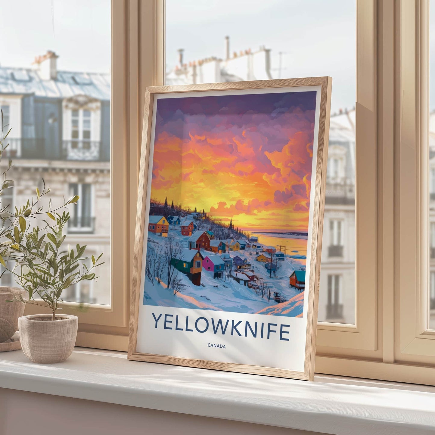 Yellowknife Poster - Canada Travel Art - Snowy Village Sunset Home Decor