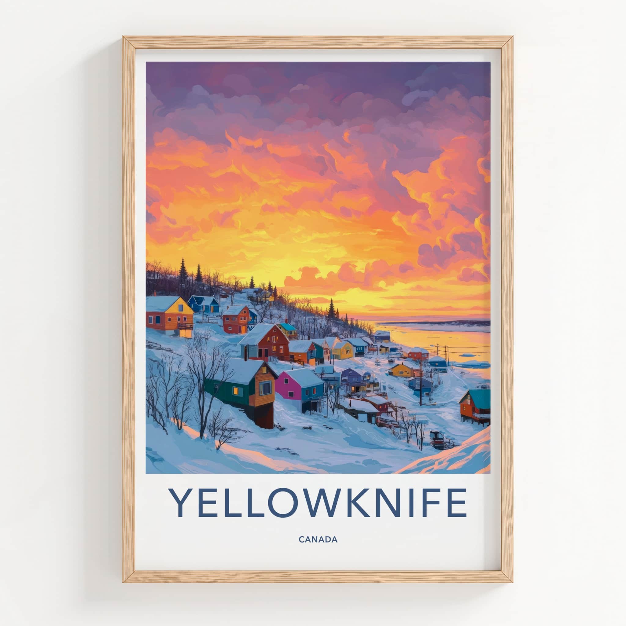 Yellowknife Poster - Canada Travel Art - Snowy Village Sunset Home Decor