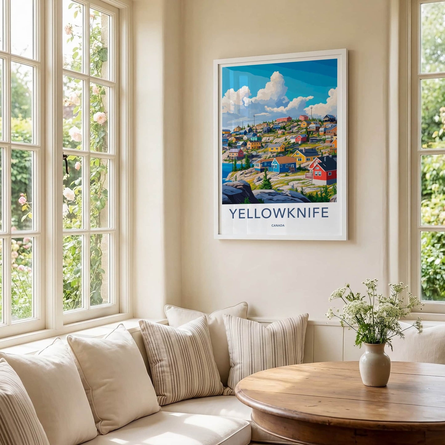 Yellowknife Poster - Canada Travel Art - Vibrant Lakeside Dwellings Home Decor