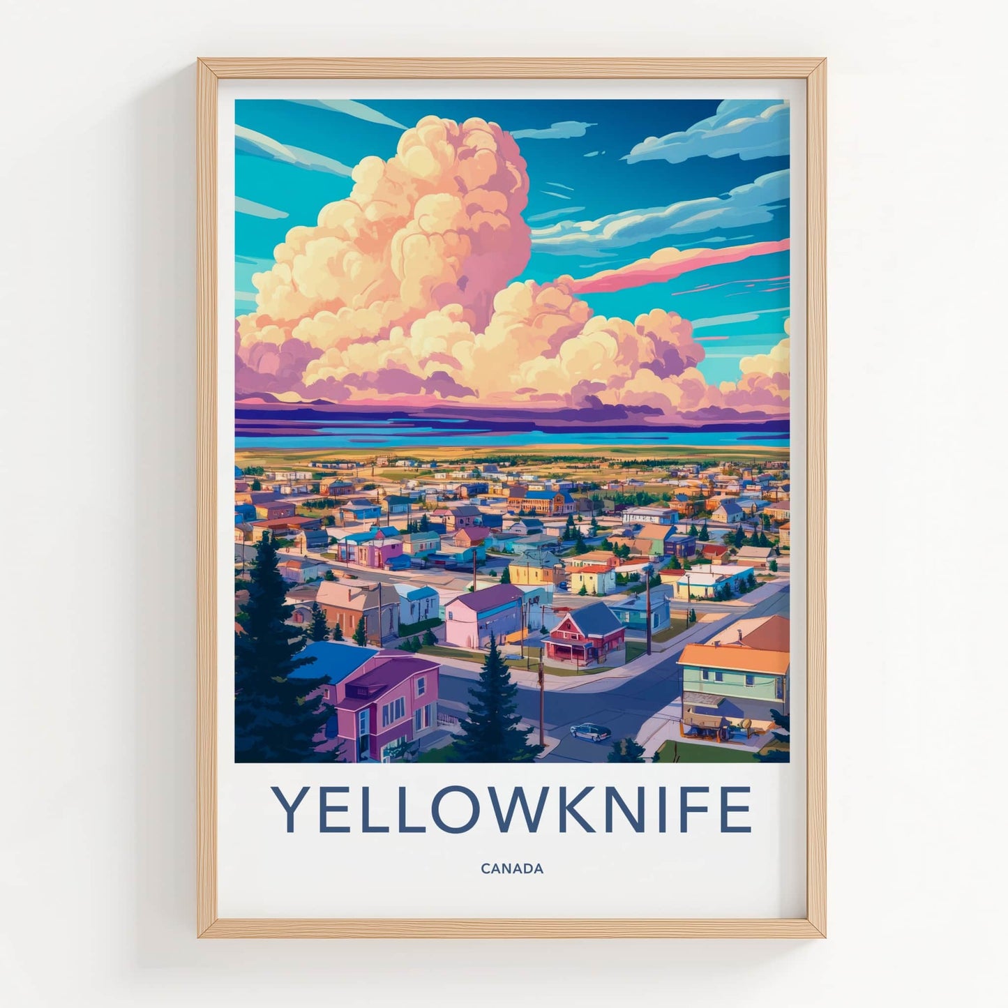 Yellowknife Poster - Canada Travel Art - Vibrant Town Clouds Home Decor