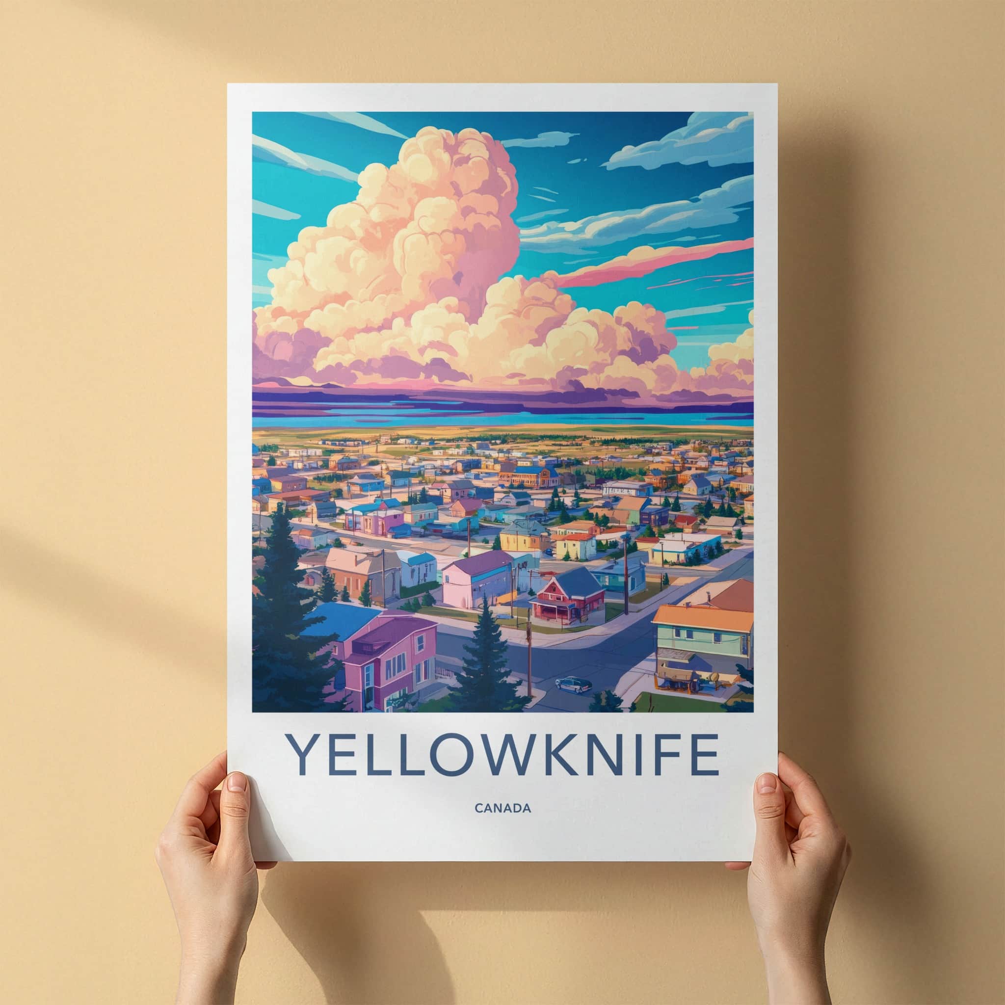 Yellowknife Poster - Canada Travel Art - Vibrant Town Clouds Home Decor