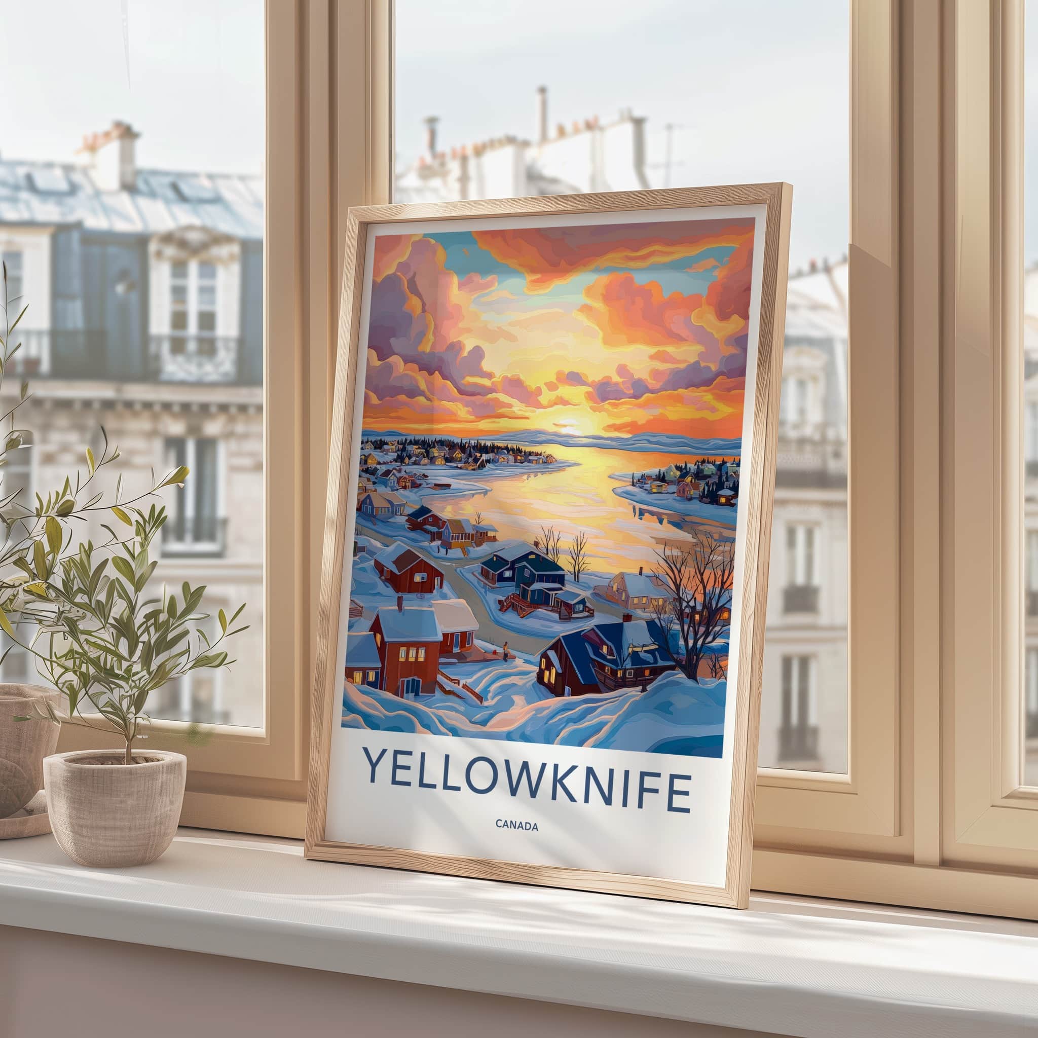 Yellowknife Poster - Canada Travel Art - Winter Lakeside Sunset Home Decor