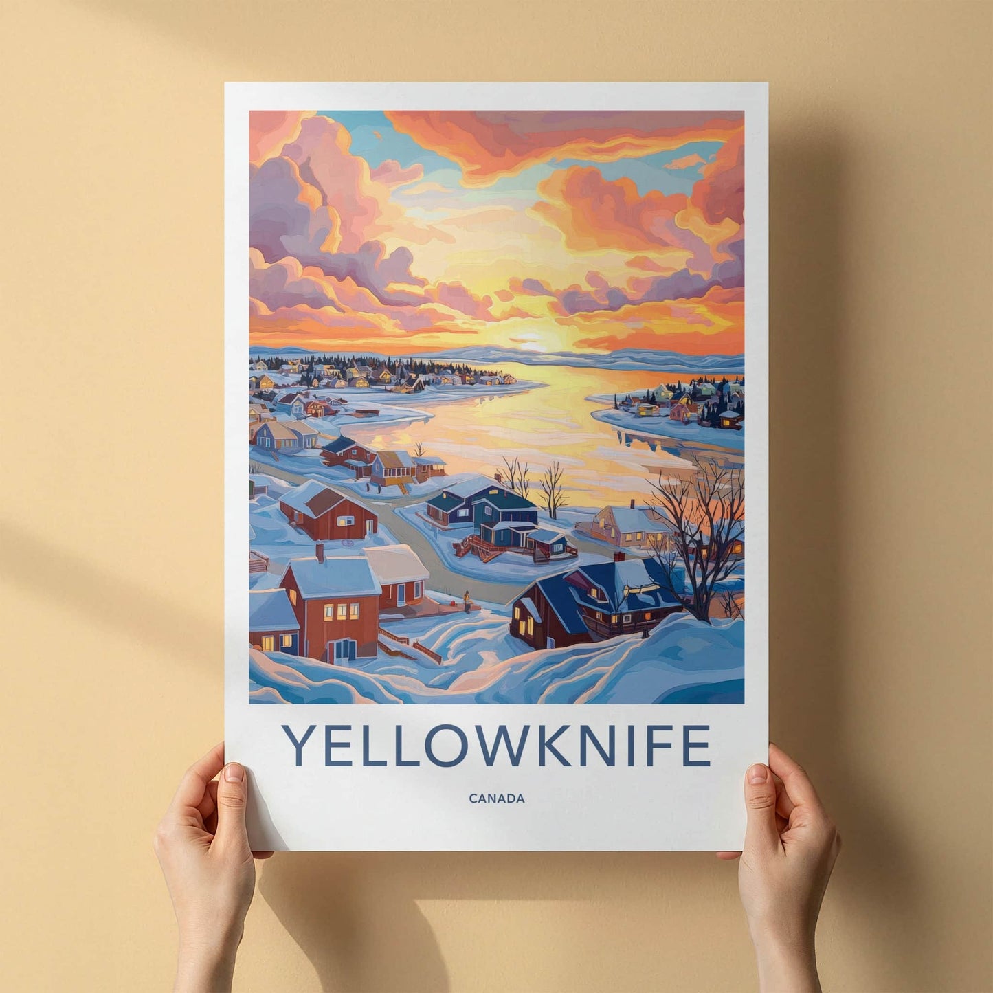 Yellowknife Poster - Canada Travel Art - Winter Lakeside Sunset Home Decor