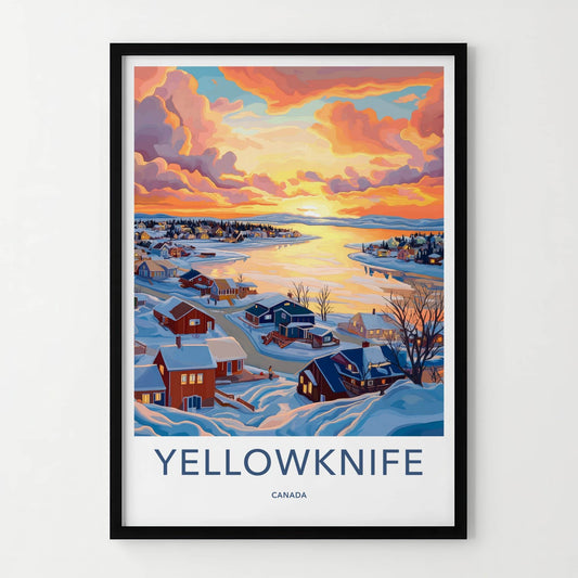 Yellowknife Poster - Canada Travel Art - Winter Lakeside Sunset Home Decor