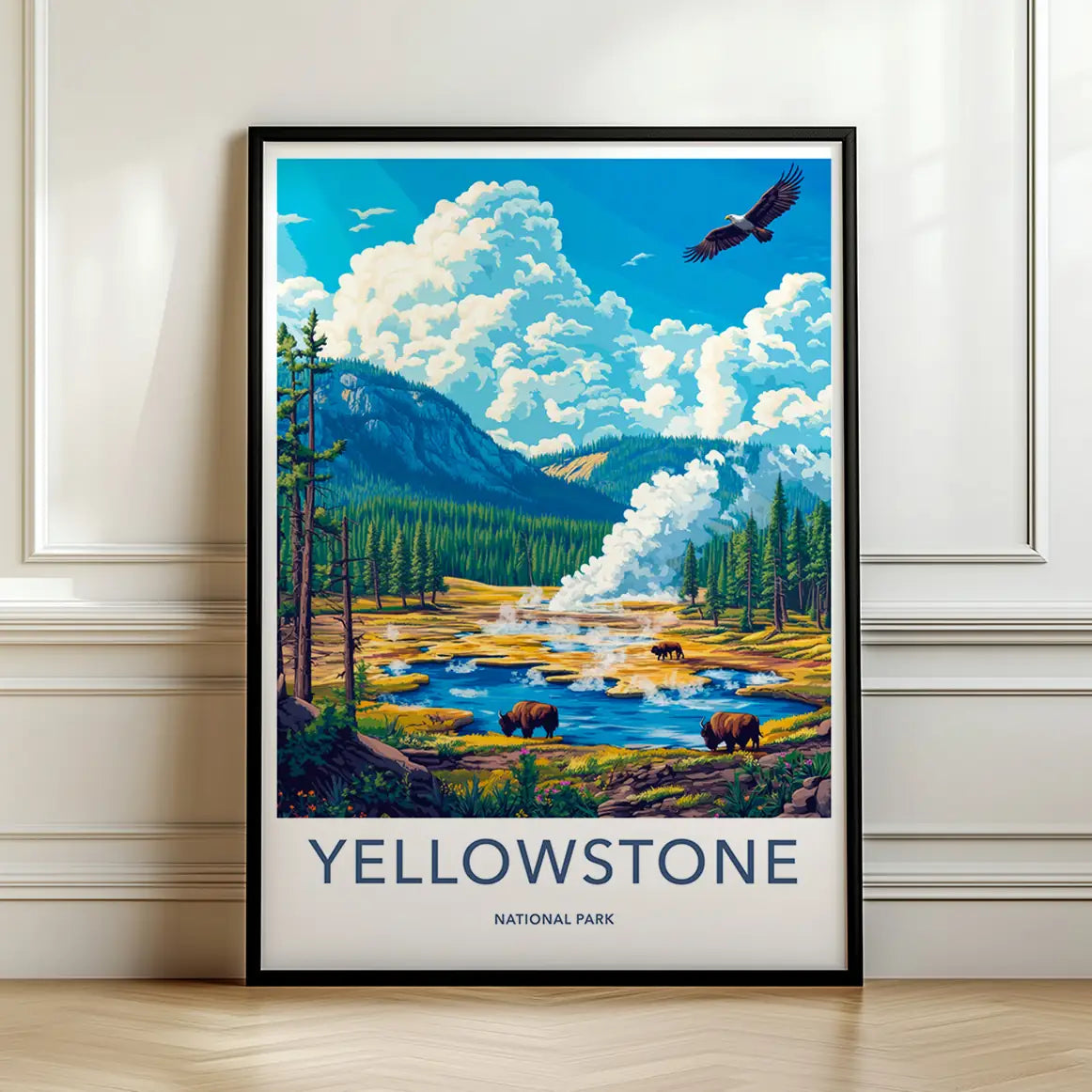 Framed poster of Yellowstone National Park with a soaring eagle and Bison grazing in the mountains.
