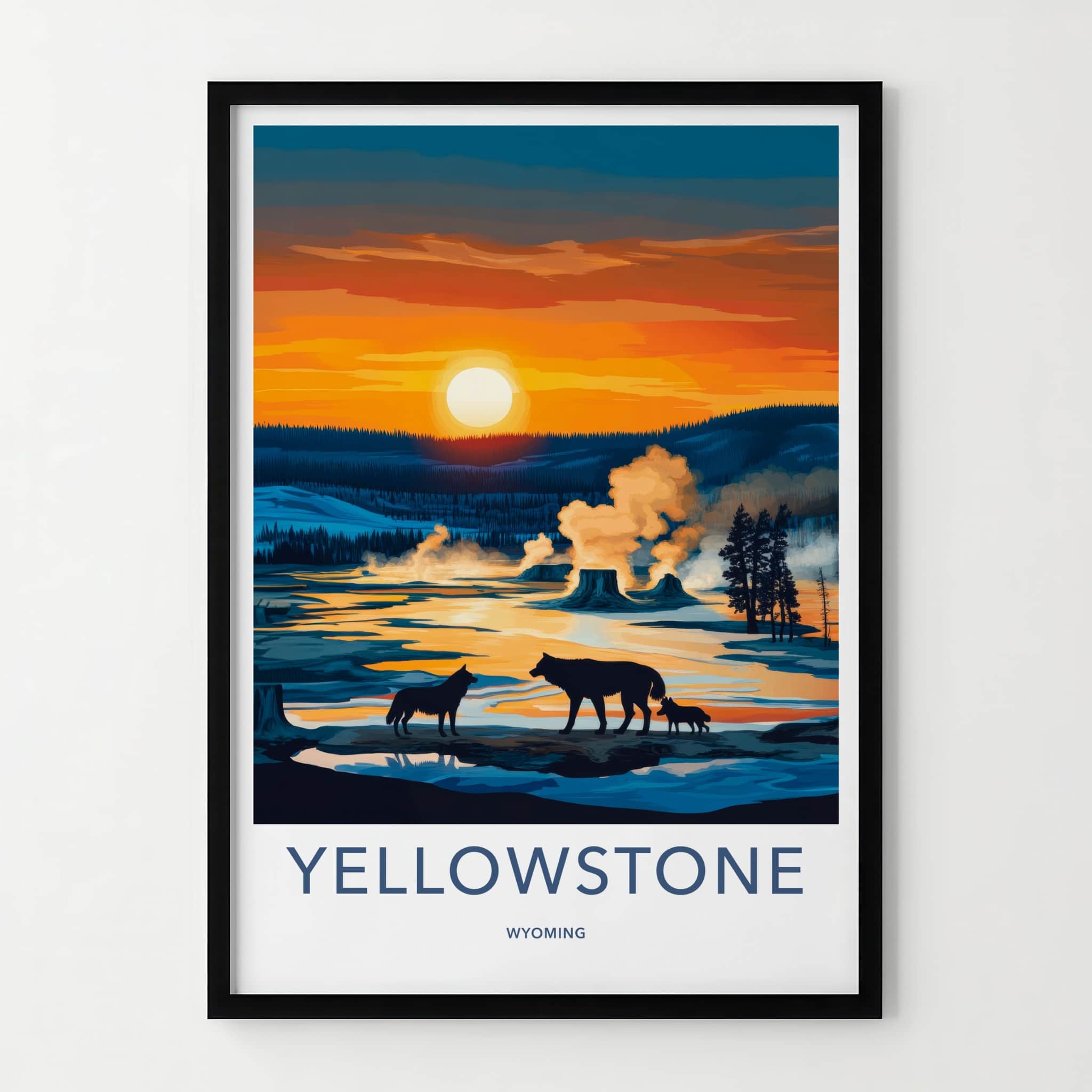Yellowstone Poster - Wyoming Travel Art - Geysers Wildlife Sunset Home Decor