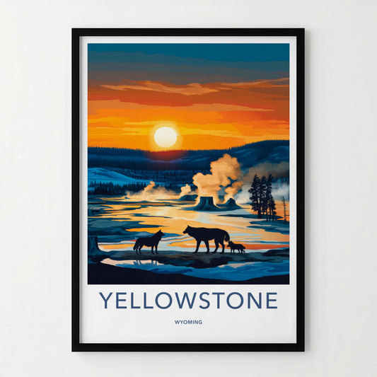 Yellowstone Poster - Wyoming Travel Art - Geysers Wildlife Sunset Home Decor