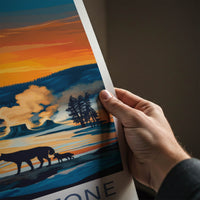 Yellowstone Poster - Wyoming Travel Art - Geysers Wildlife Sunset Home Decor