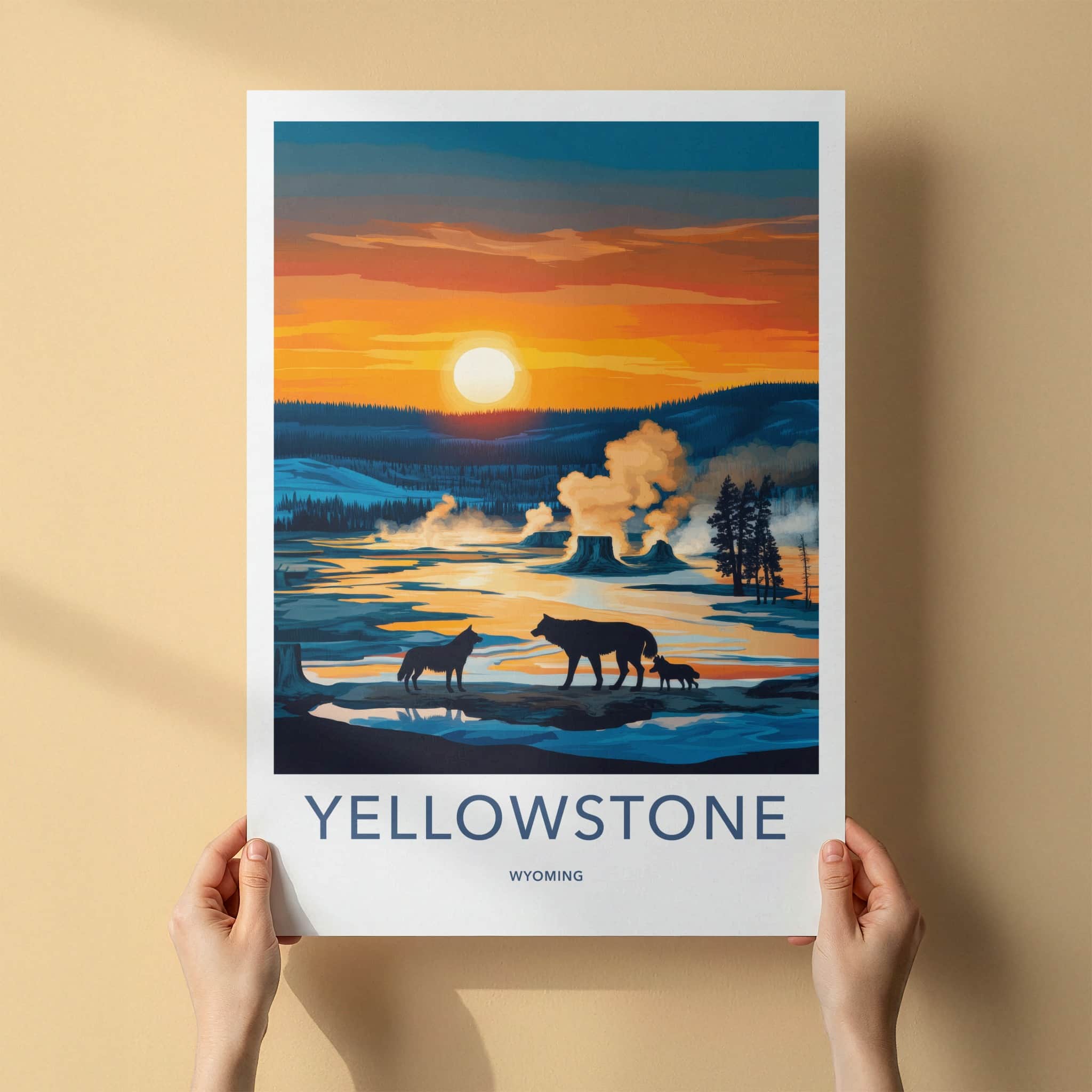 Yellowstone Poster - Wyoming Travel Art - Geysers Wildlife Sunset Home Decor