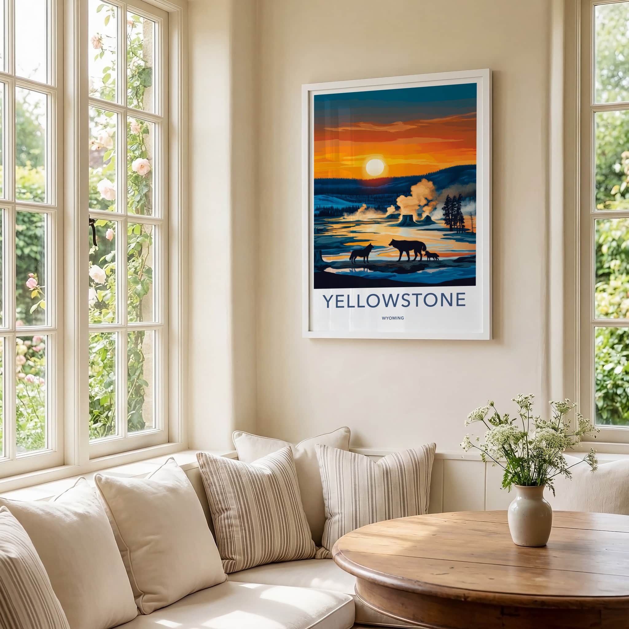 Yellowstone Poster - Wyoming Travel Art - Geysers Wildlife Sunset Home Decor