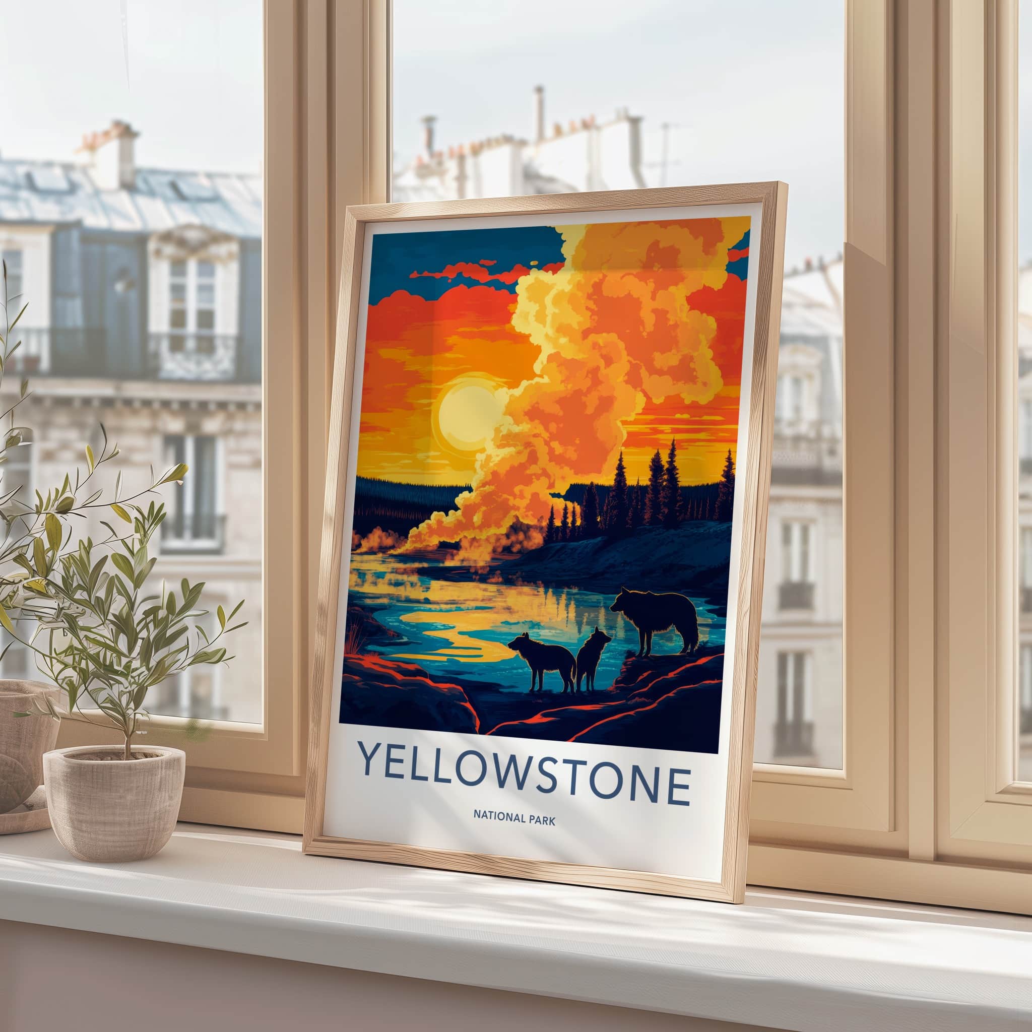 Yellowstone Poster - Wyoming Travel Art - Sunset Wolves River Home Decor