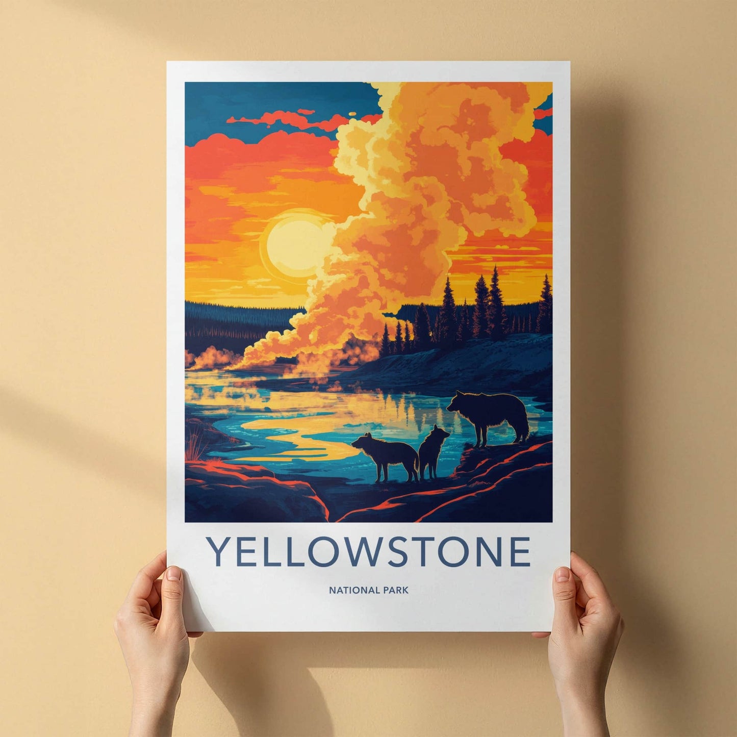 Yellowstone Poster - Wyoming Travel Art - Sunset Wolves River Home Decor