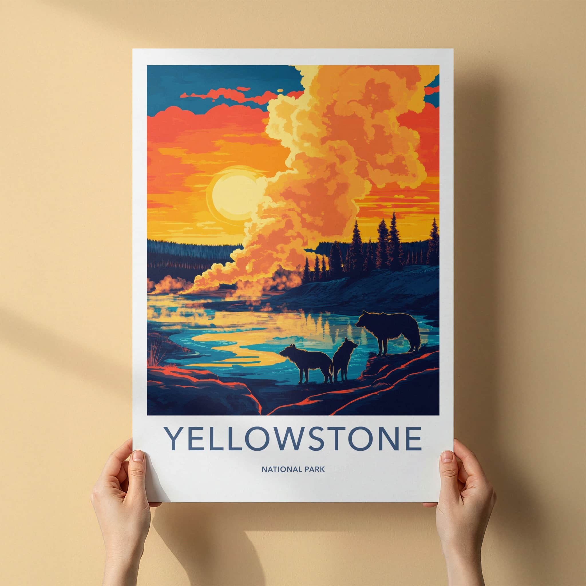 Yellowstone Poster - Wyoming Travel Art - Sunset Wolves River Home Decor