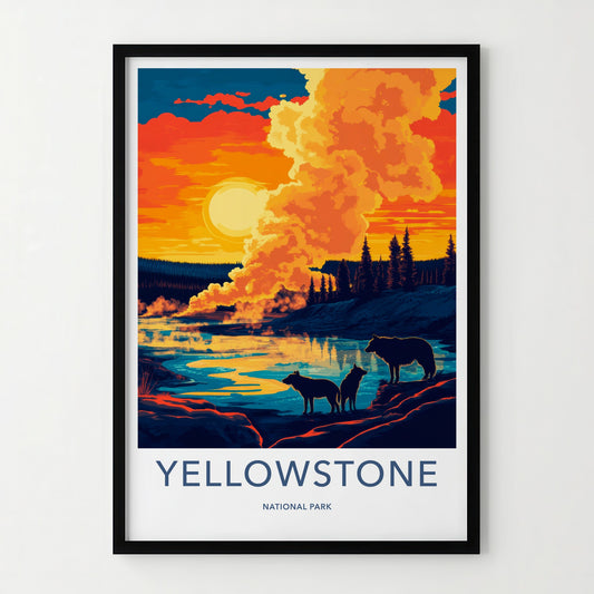 Yellowstone Poster - Wyoming Travel Art - Sunset Wolves River Home Decor