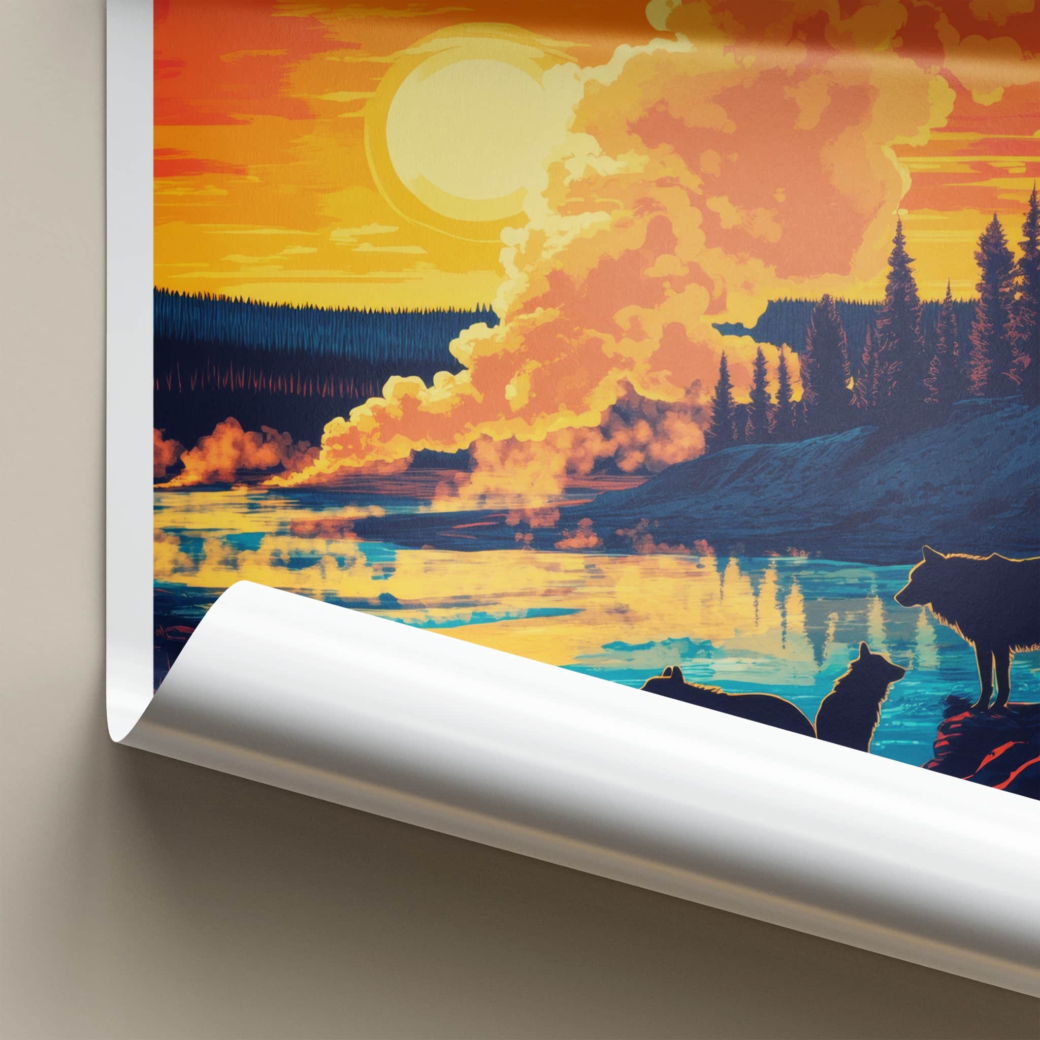 Yellowstone Poster - Wyoming Travel Art - Sunset Wolves River Home Decor