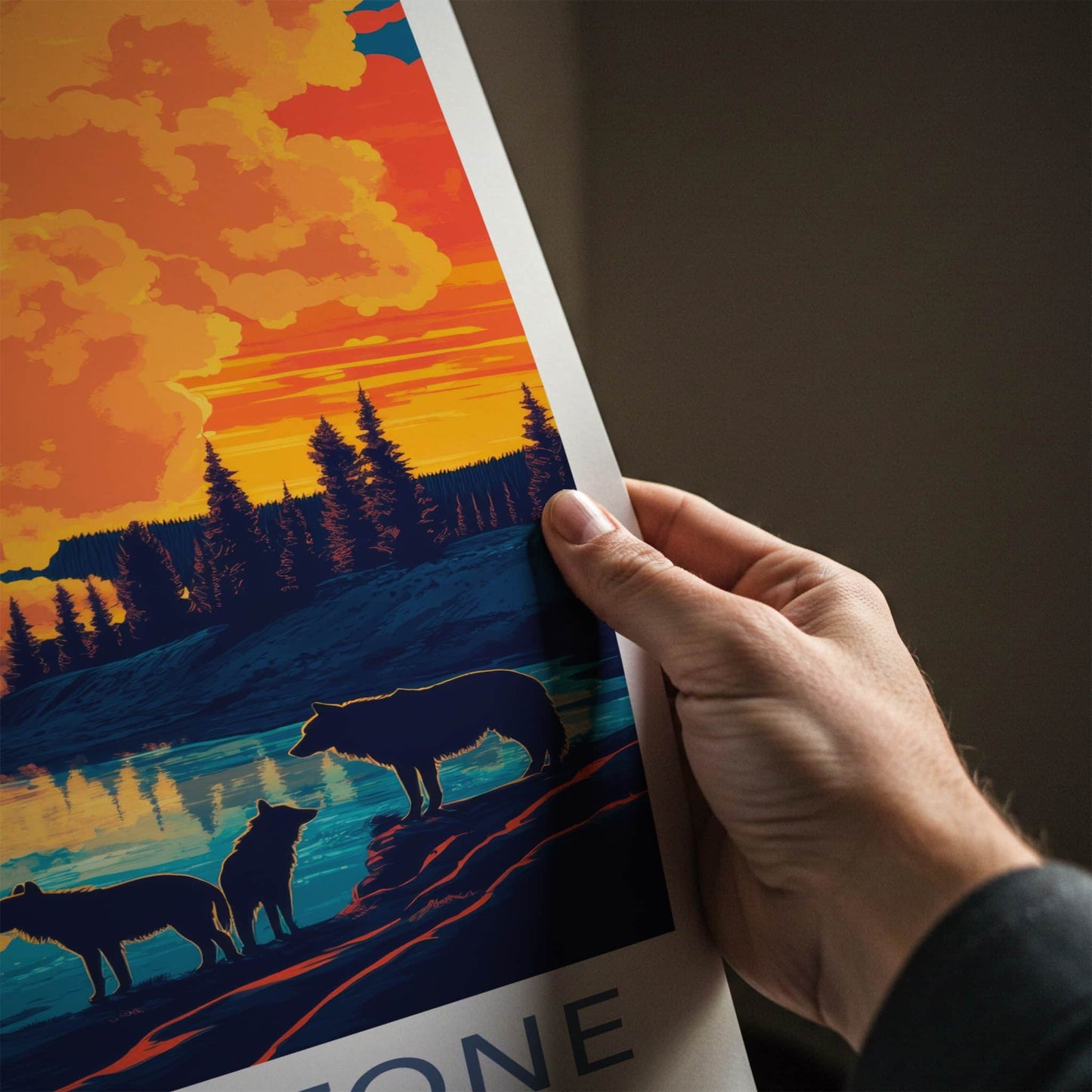 Yellowstone Poster - Wyoming Travel Art - Sunset Wolves River Home Decor