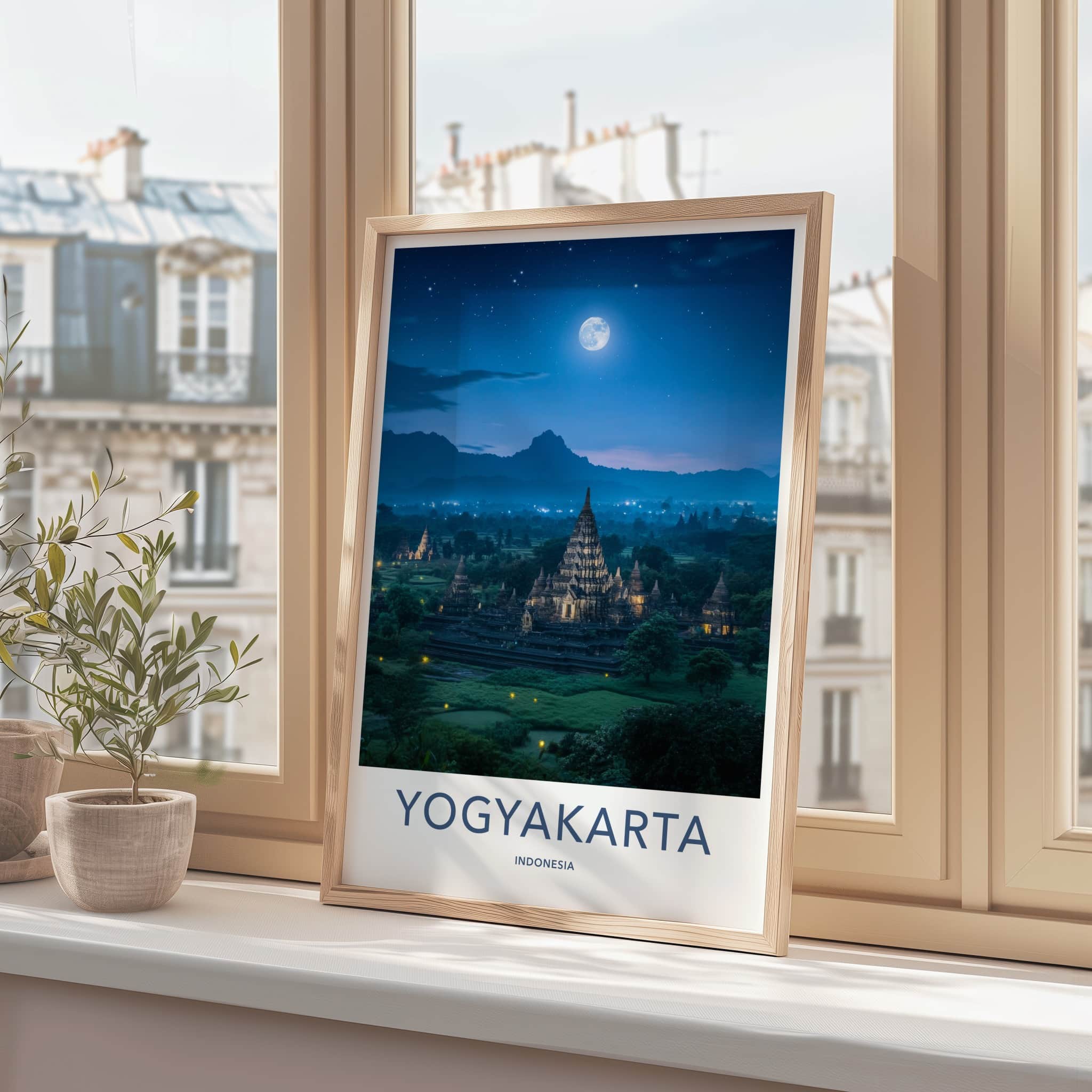 Yogyakarta Poster - Indonesia Travel Art - Ancient Temple Moonlight Wall Decor