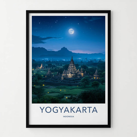 Yogyakarta Poster - Indonesia Travel Art - Ancient Temple Moonlight Wall Decor