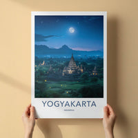 Yogyakarta Poster - Indonesia Travel Art - Ancient Temple Moonlight Wall Decor