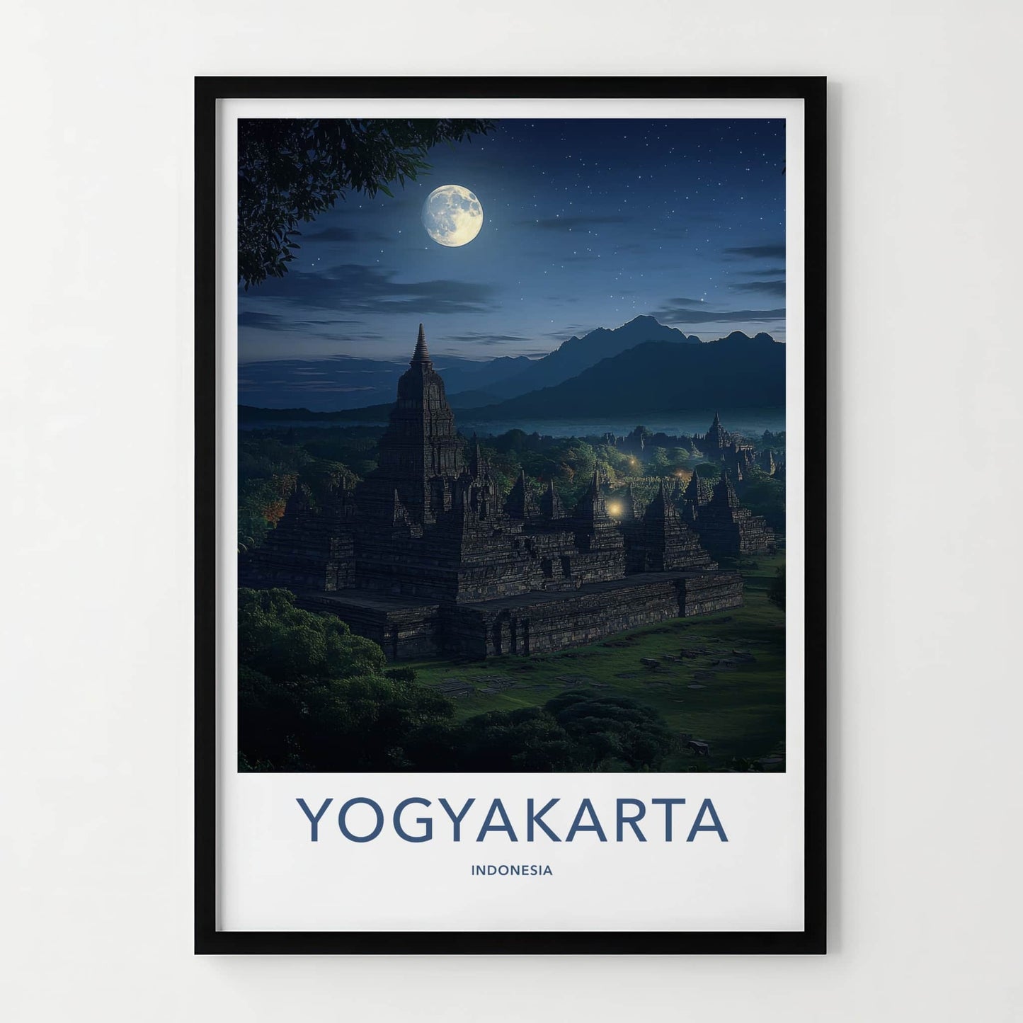 Yogyakarta Poster - Indonesia Travel Art - Moonlit Temple Complex Home Decor