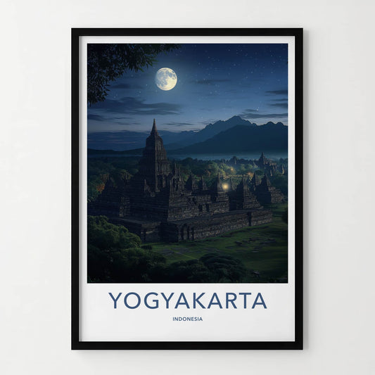 Yogyakarta Poster - Indonesia Travel Art - Moonlit Temple Complex Home Decor