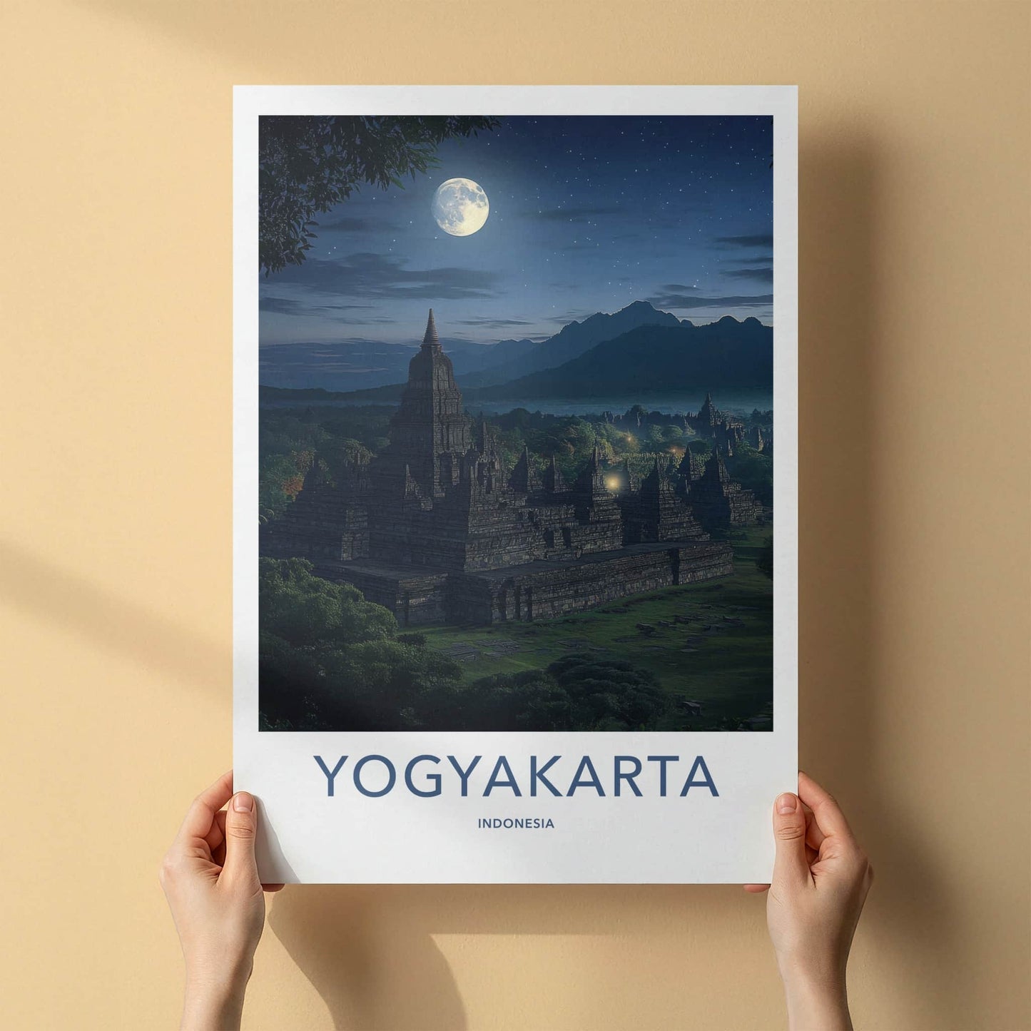 Yogyakarta Poster - Indonesia Travel Art - Moonlit Temple Complex Home Decor