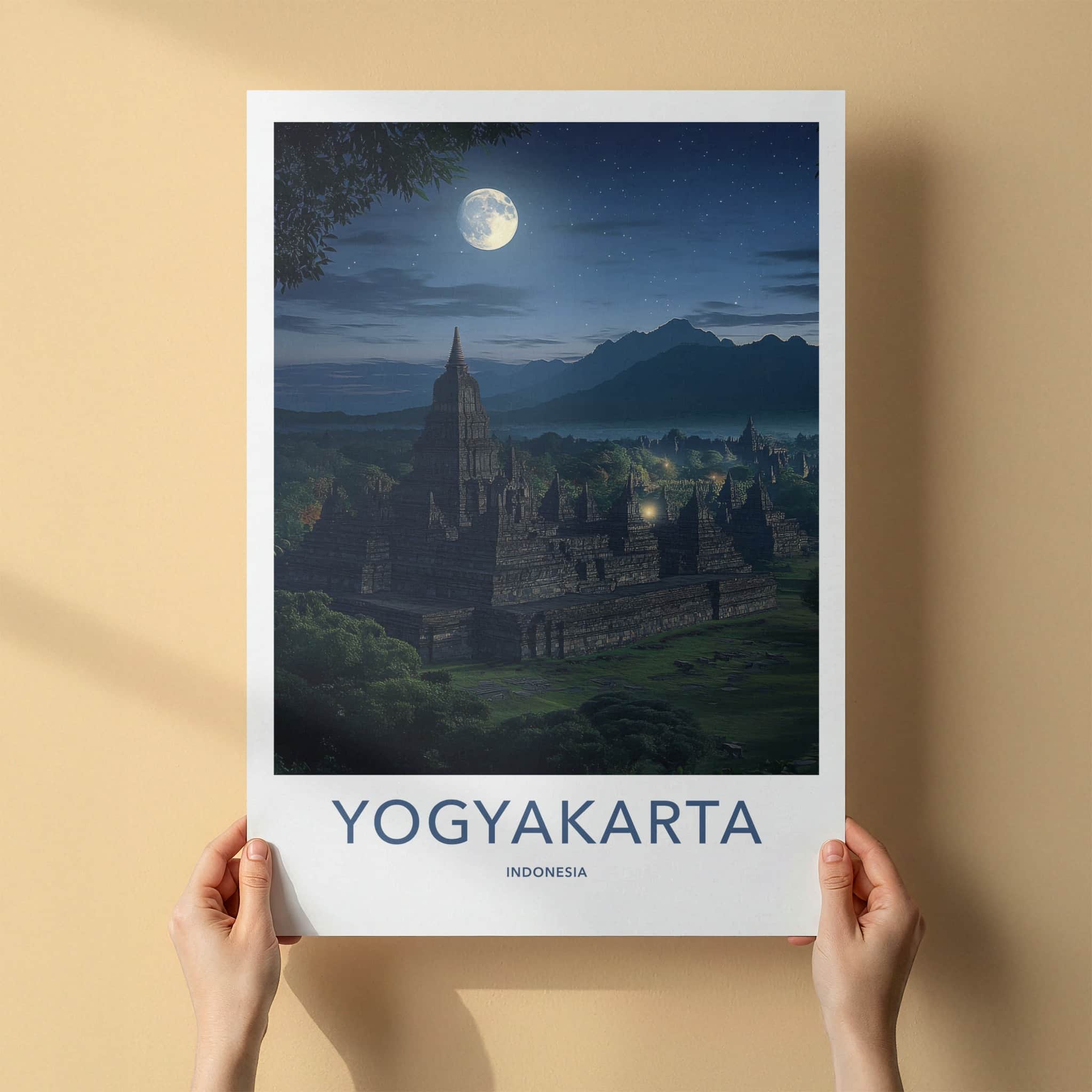 Yogyakarta Poster - Indonesia Travel Art - Moonlit Temple Complex Home Decor